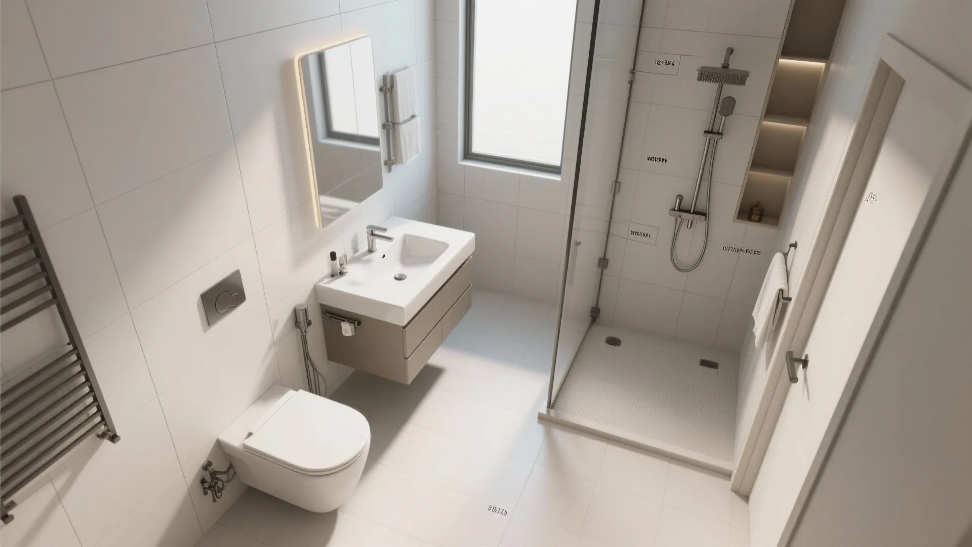 Top-down view of a linear one-wall layout with toilet, sink, and shower aligned.