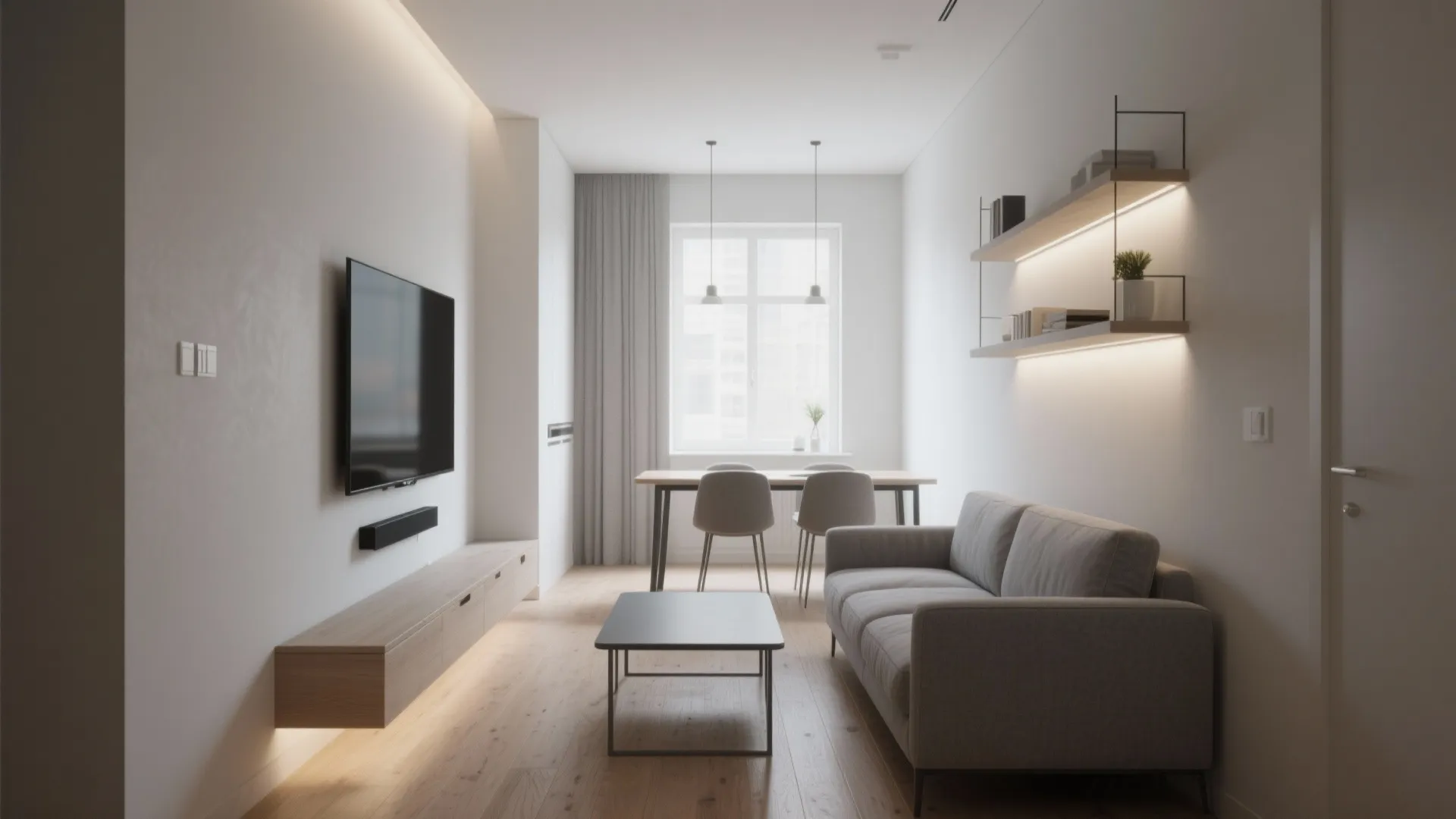 3. Linear layout: sofa, slim table, and wall-mounted TV