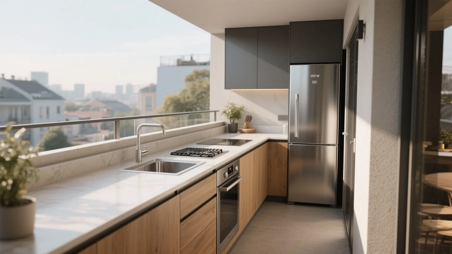 1. Linear balcony kitchen — everything in a row
