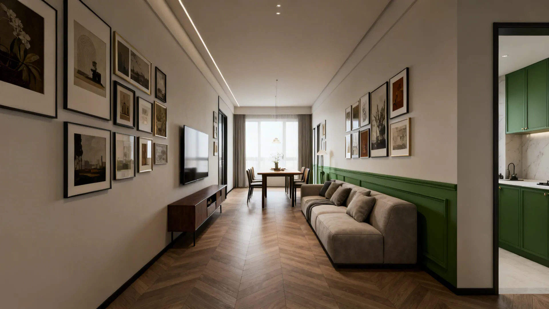 Long living room with gallery walls grey sofa wooden floor and dining table near window