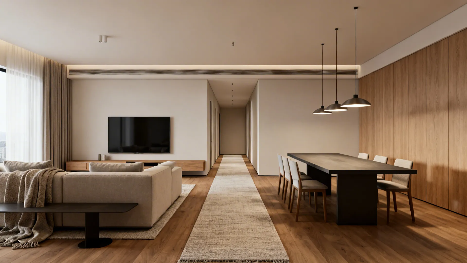 Long narrow living-dining room with sofa facing console and dining table at the back