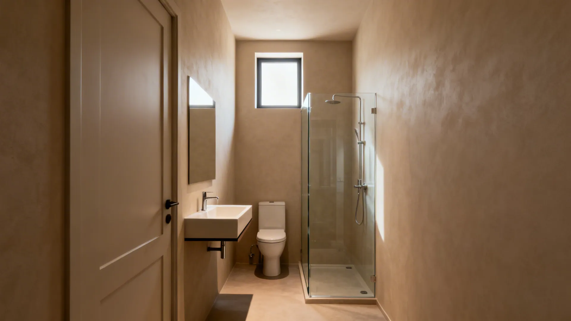 Narrow linear bathroom with floating vanity, mid-wall toilet, and glass shower aligned on one wall