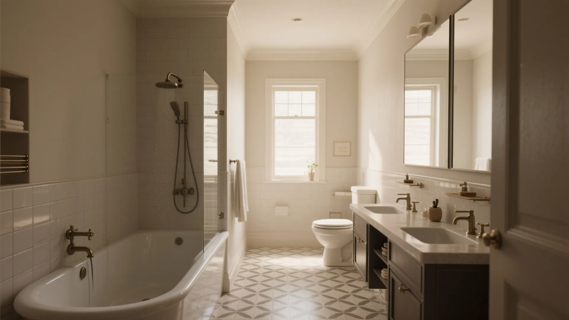 Wide-angle image of a linear 5x8 bathroom with tub along the long wall, opposite vanity and toilet.