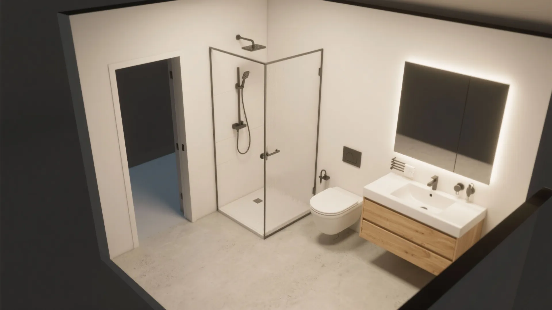 Linear layout with wall-hung vanity and pocket door