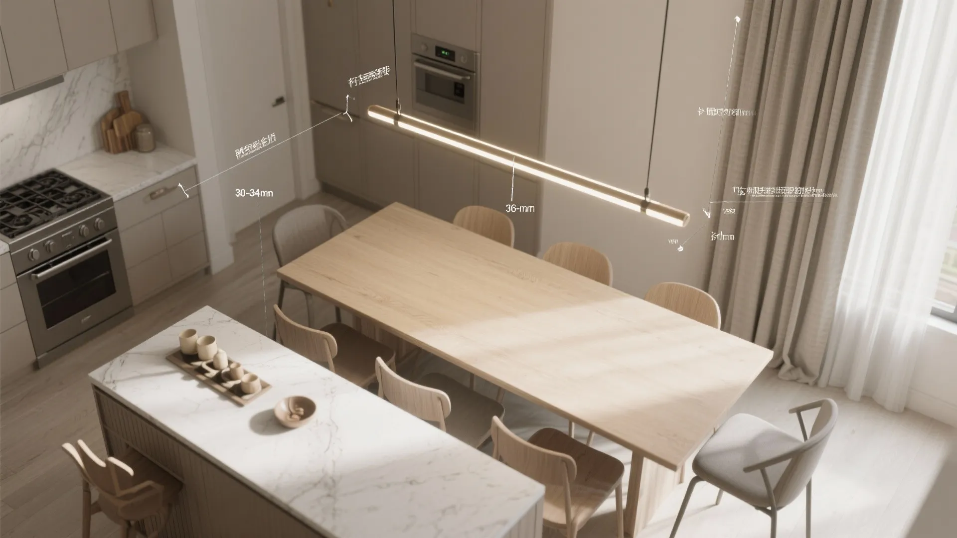 Top-down layout showing linear chandelier alignment and recommended clearances.