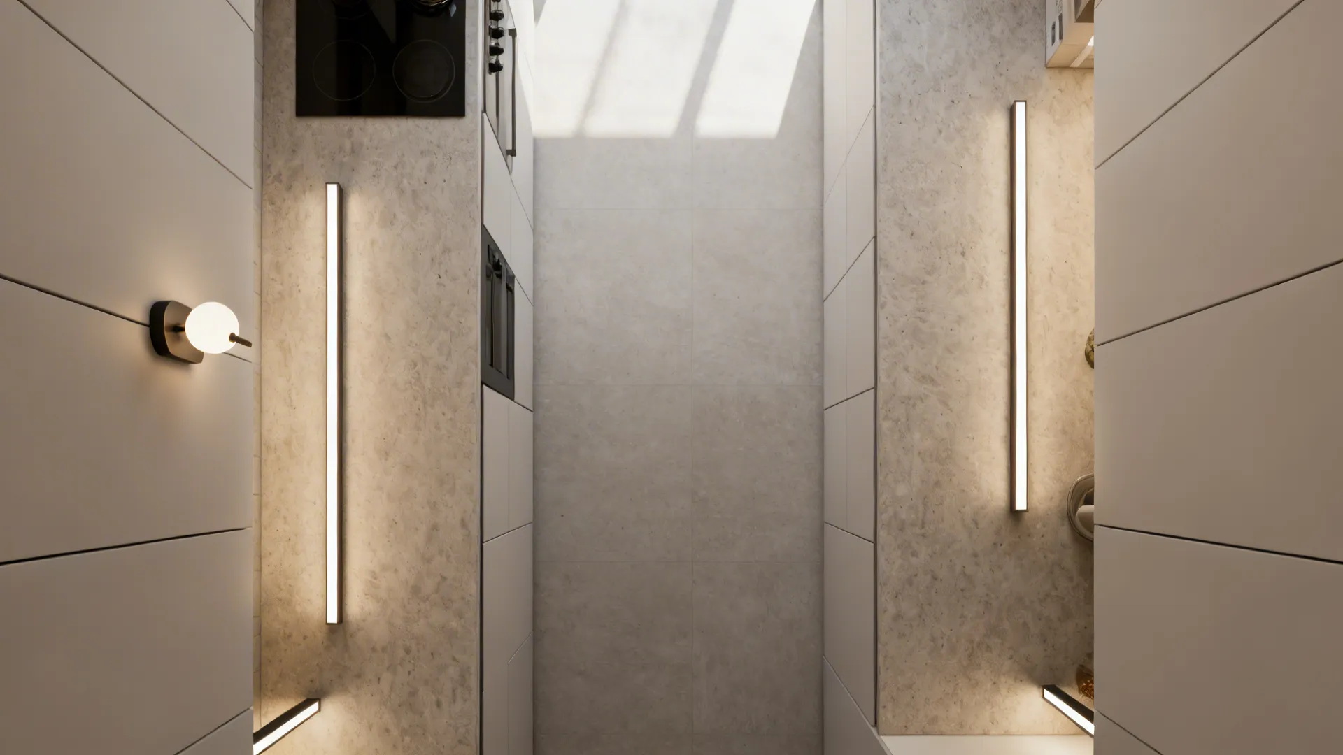 Top view of narrow kitchen area with stone walls light fixtures and bright natural sunlight