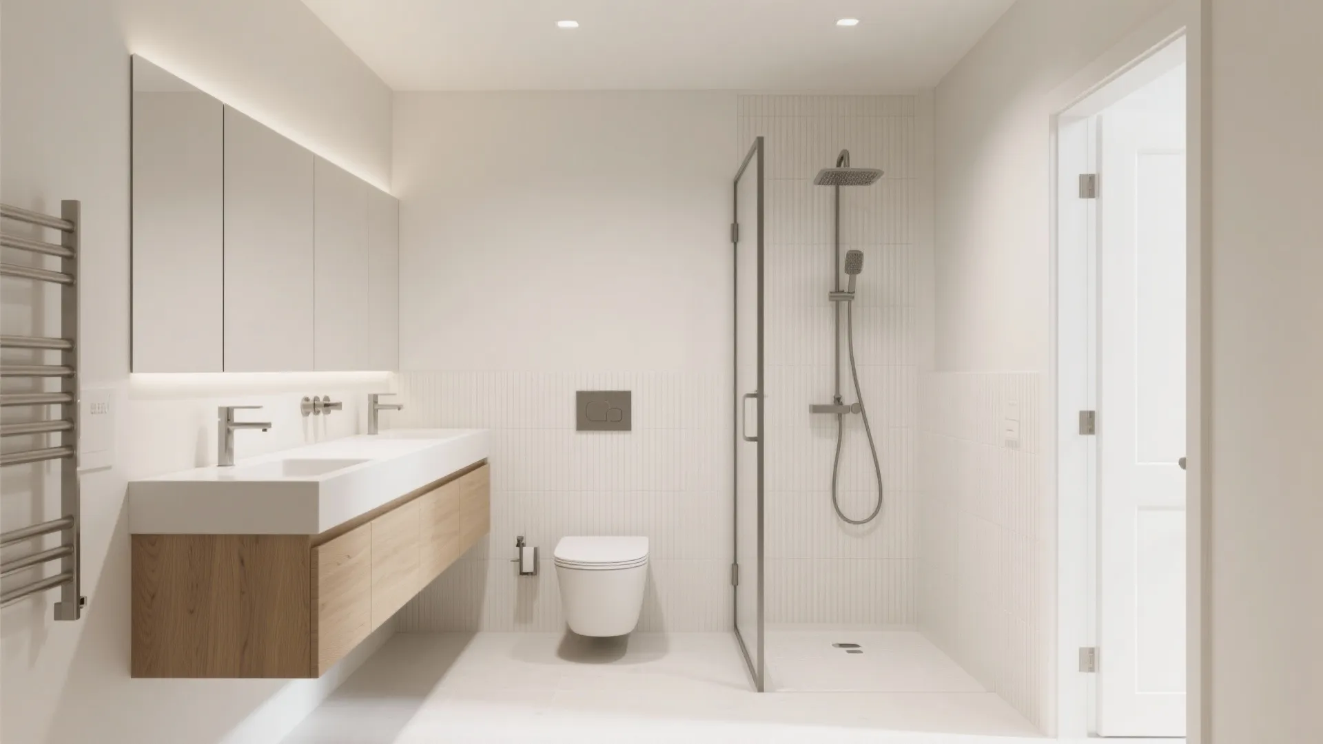 Linear layout with wall-hung vanity and pocket door