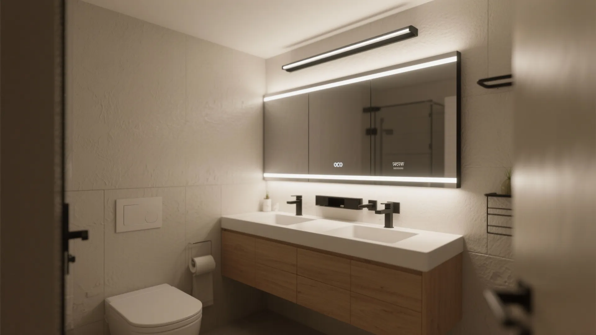 2. Black linear LED above mirror for clean, modern lines