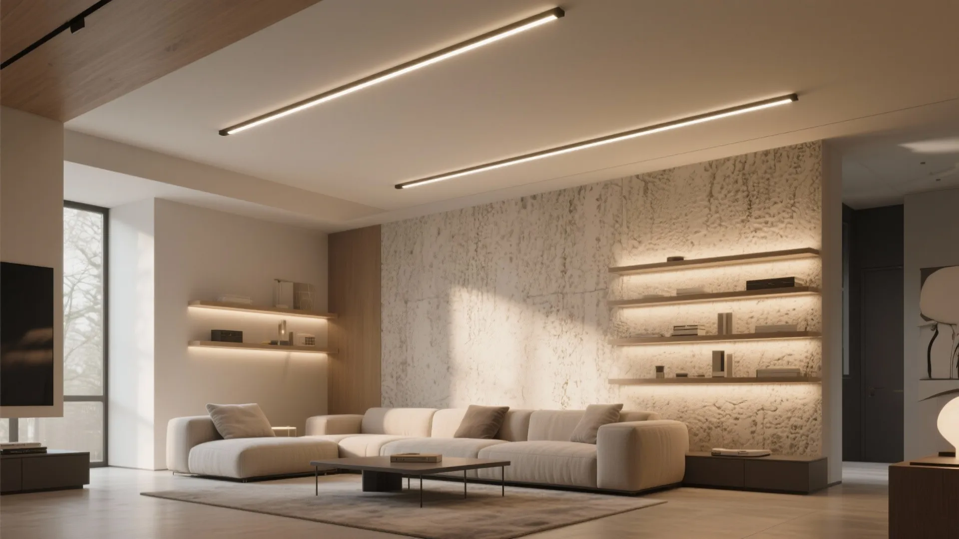 Parallel linear LED bars on a ceiling create gallery-like accents in a modern living room.