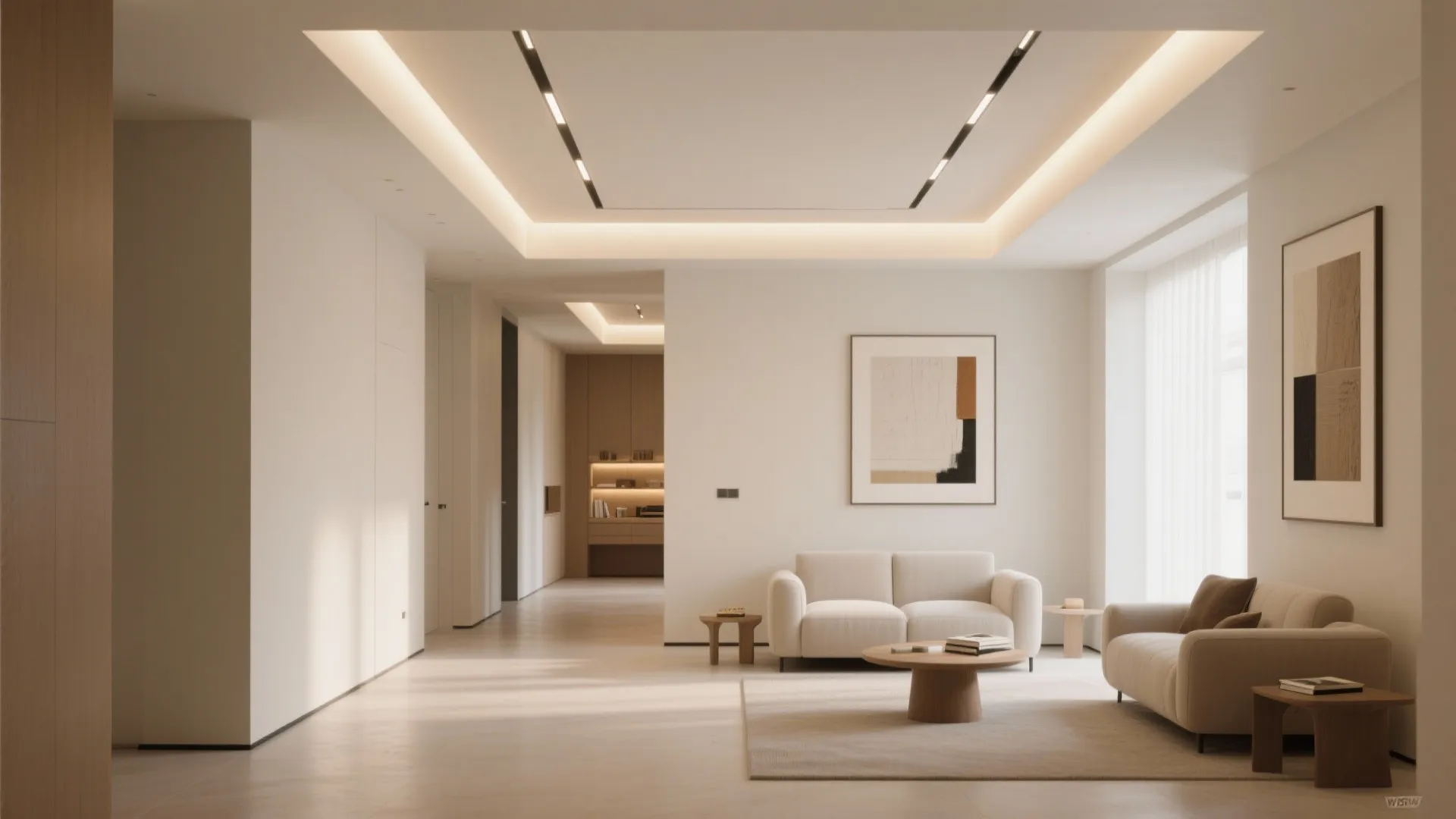 Hall with shallow rectangular LED coffers providing indirect zoning and uniform glow over lounge and reading corner.