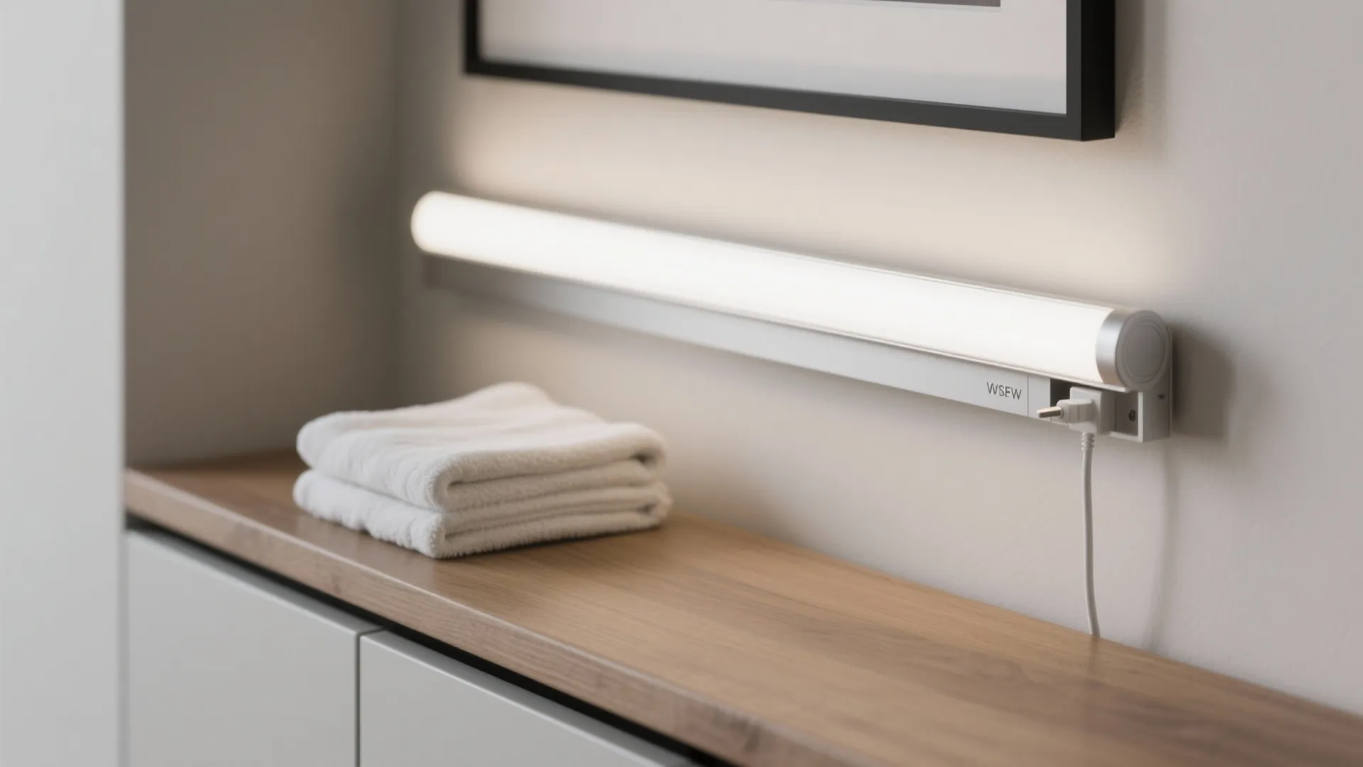 Slim linear LED bar over a folding counter delivering shadow-free task lighting at neutral white 3500–4000K.