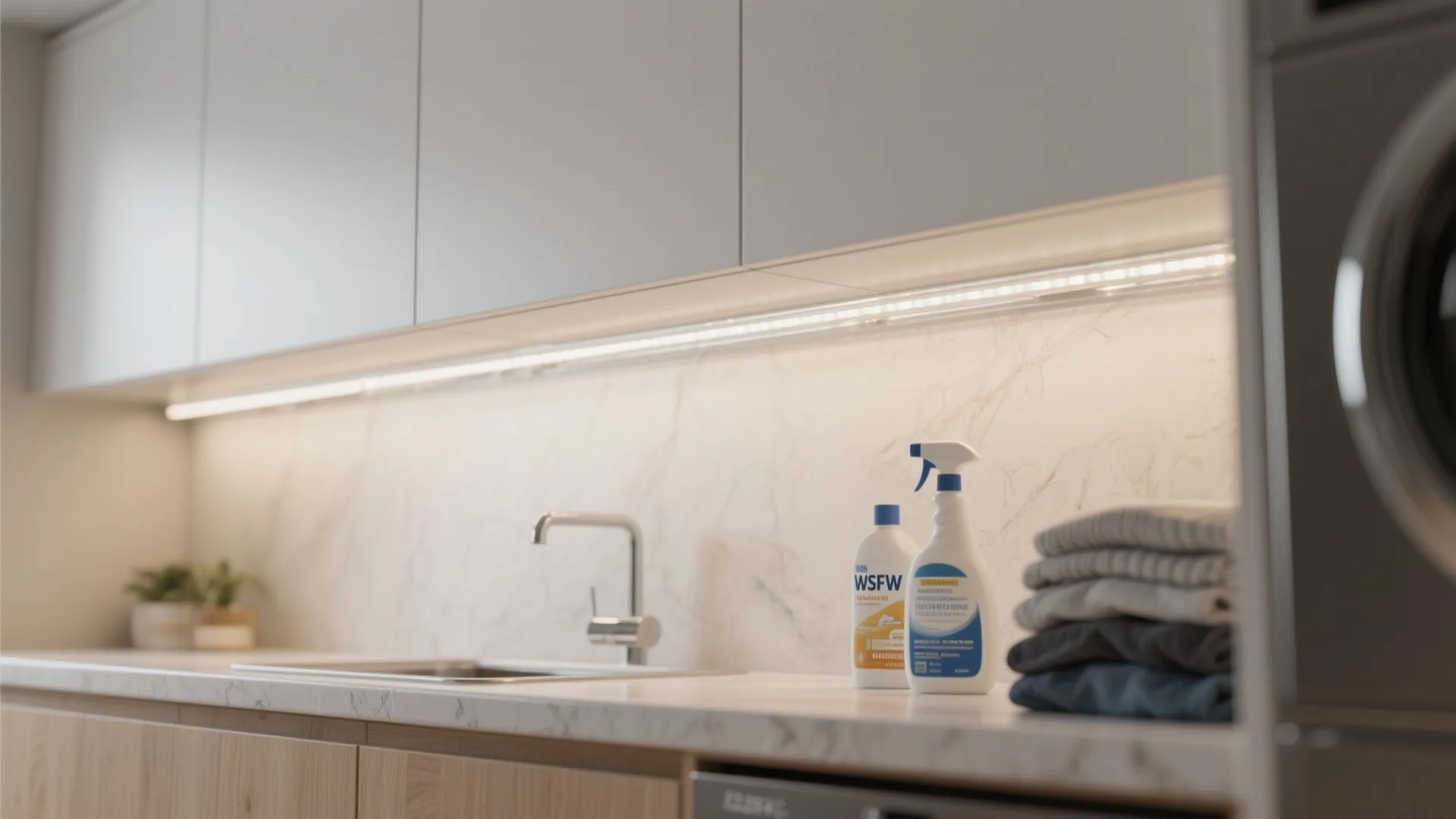 Under-cabinet linear LED strip with frosted diffuser illuminating a laundry countertop