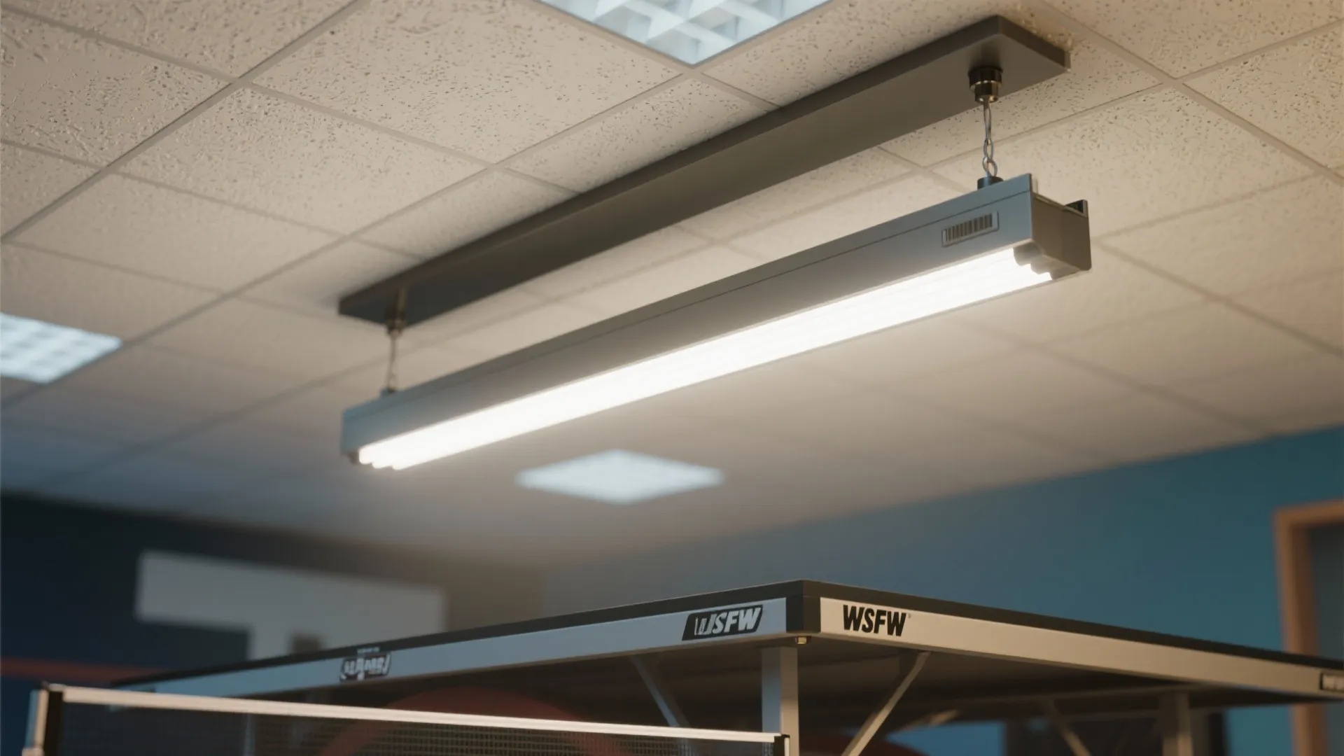 Long linear white light fixture hanging from a ceiling above a black ping pong table