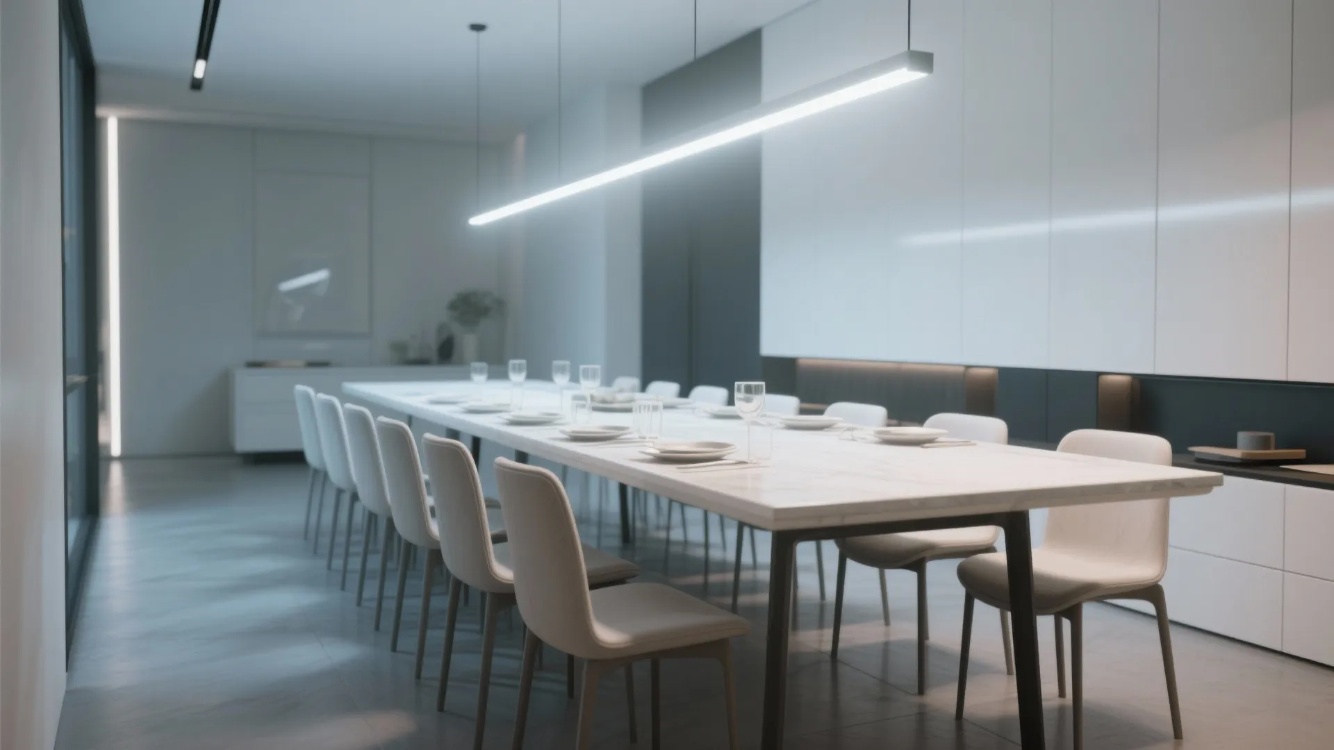 Modern dining table lit by sleek linear LED bars with clean lines