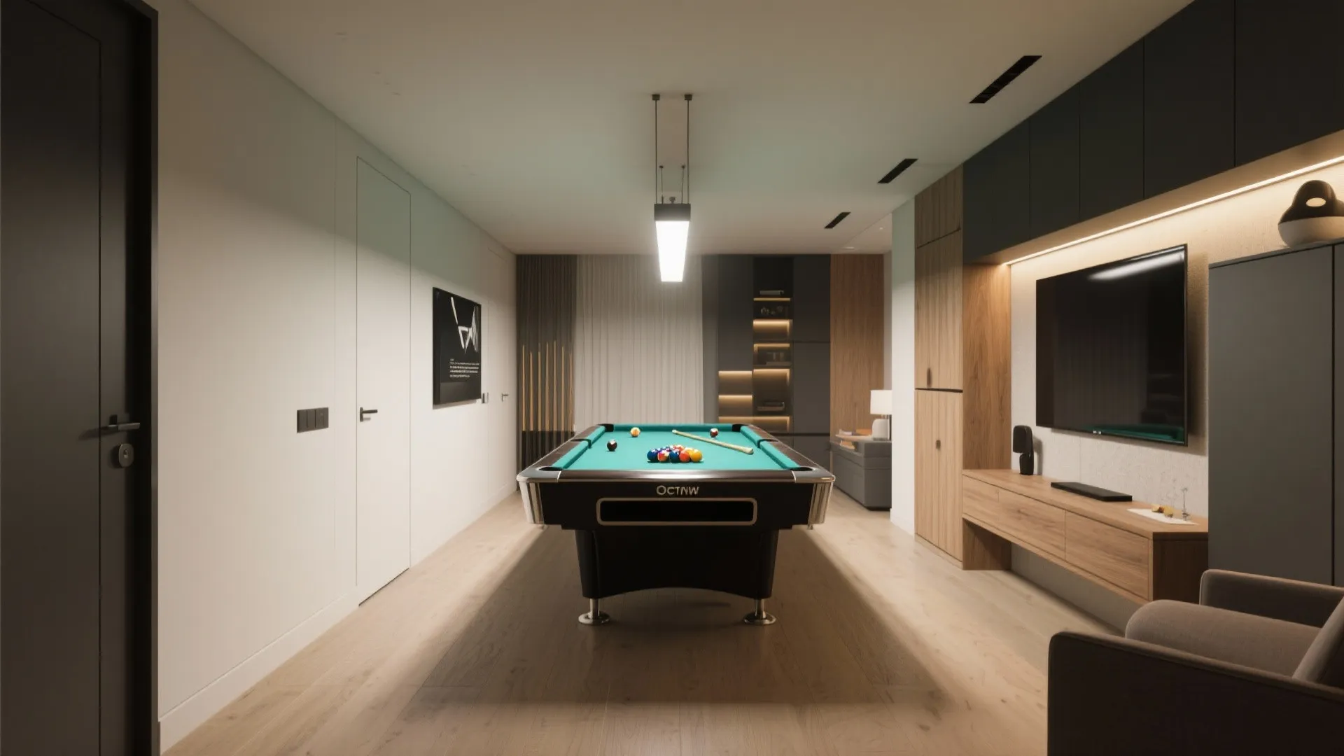 Modern game room with green pool table wood flooring white walls and minimalist black wall cabinet