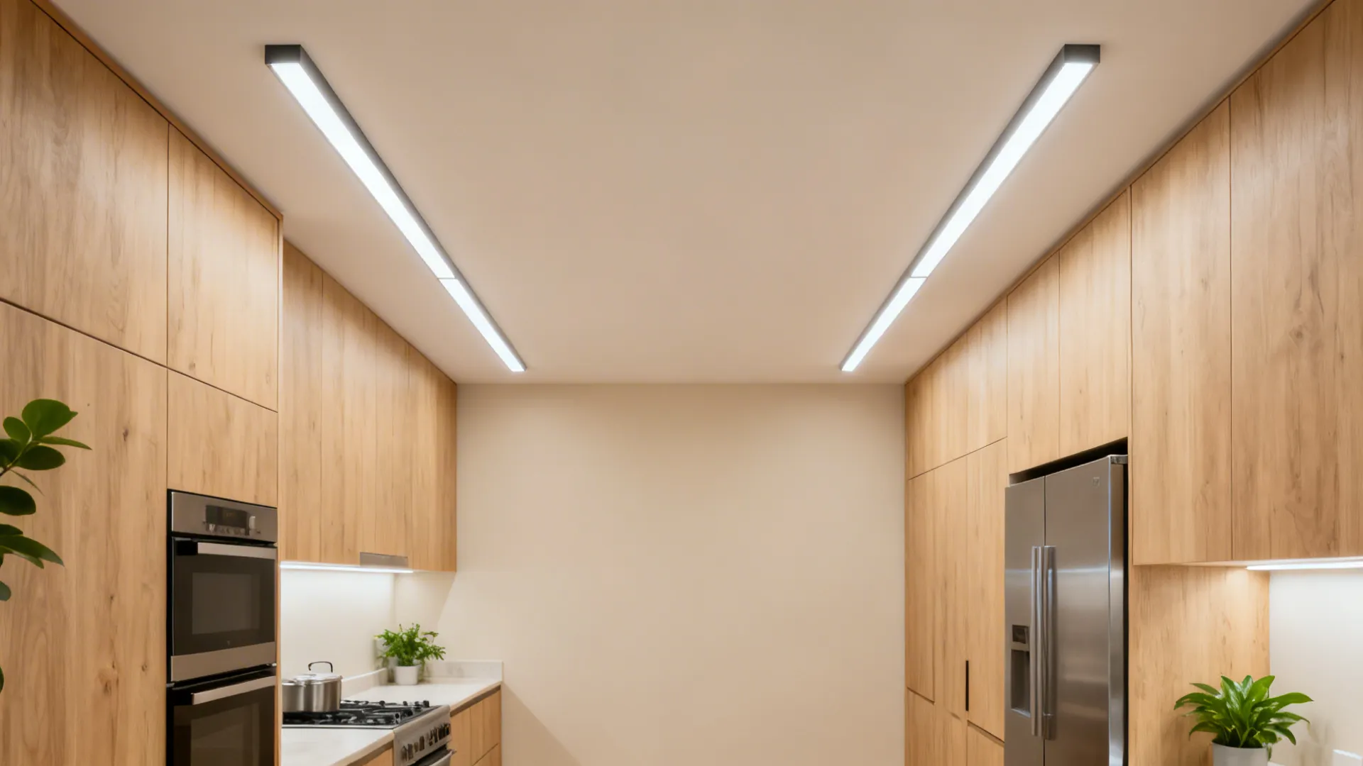 Modern kitchen with wood cabinets stainless steel fridge and two long bright white ceiling lights