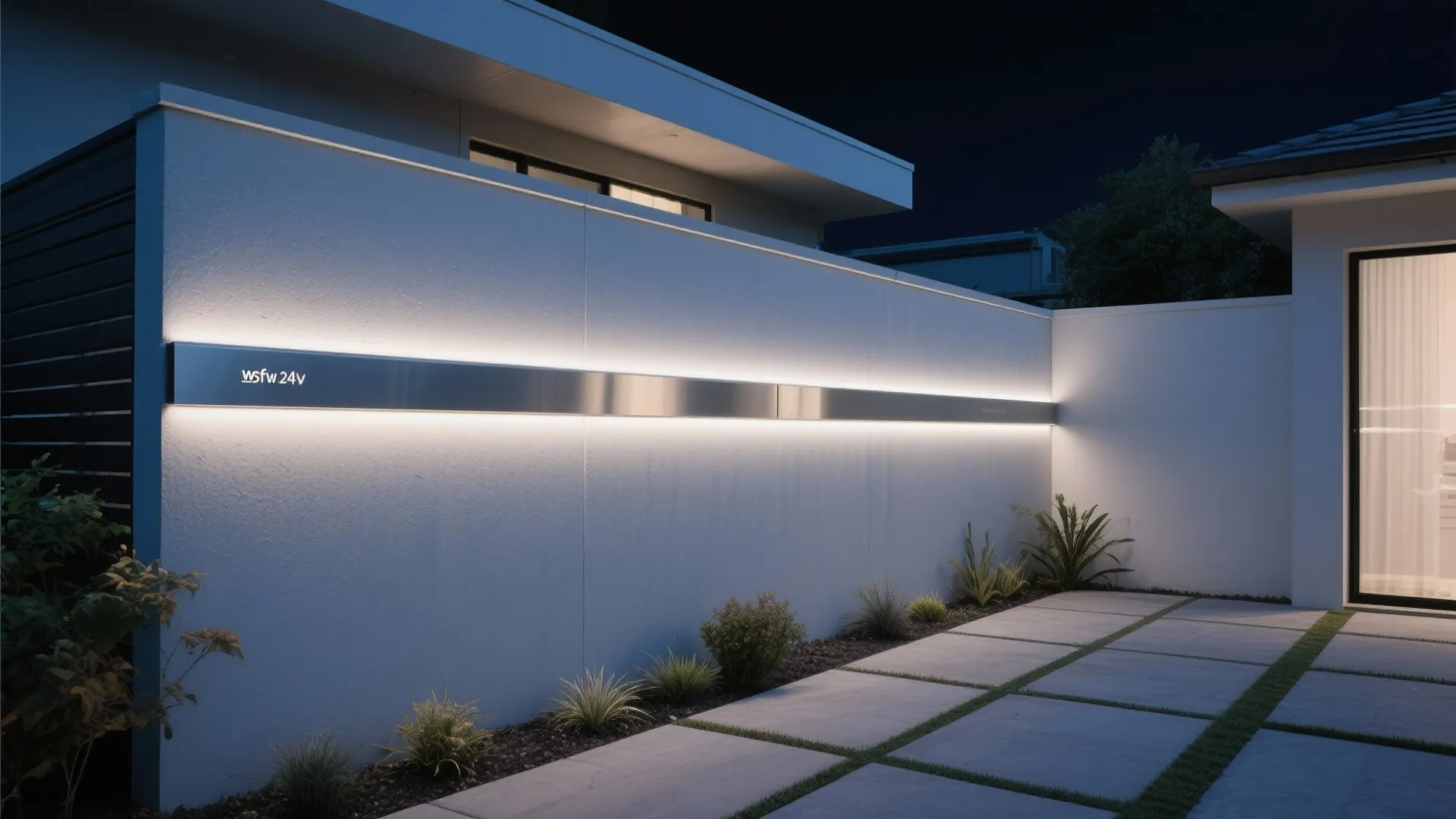 Long outdoor wall light fixture mounted on a white garden wall above a paved walkway