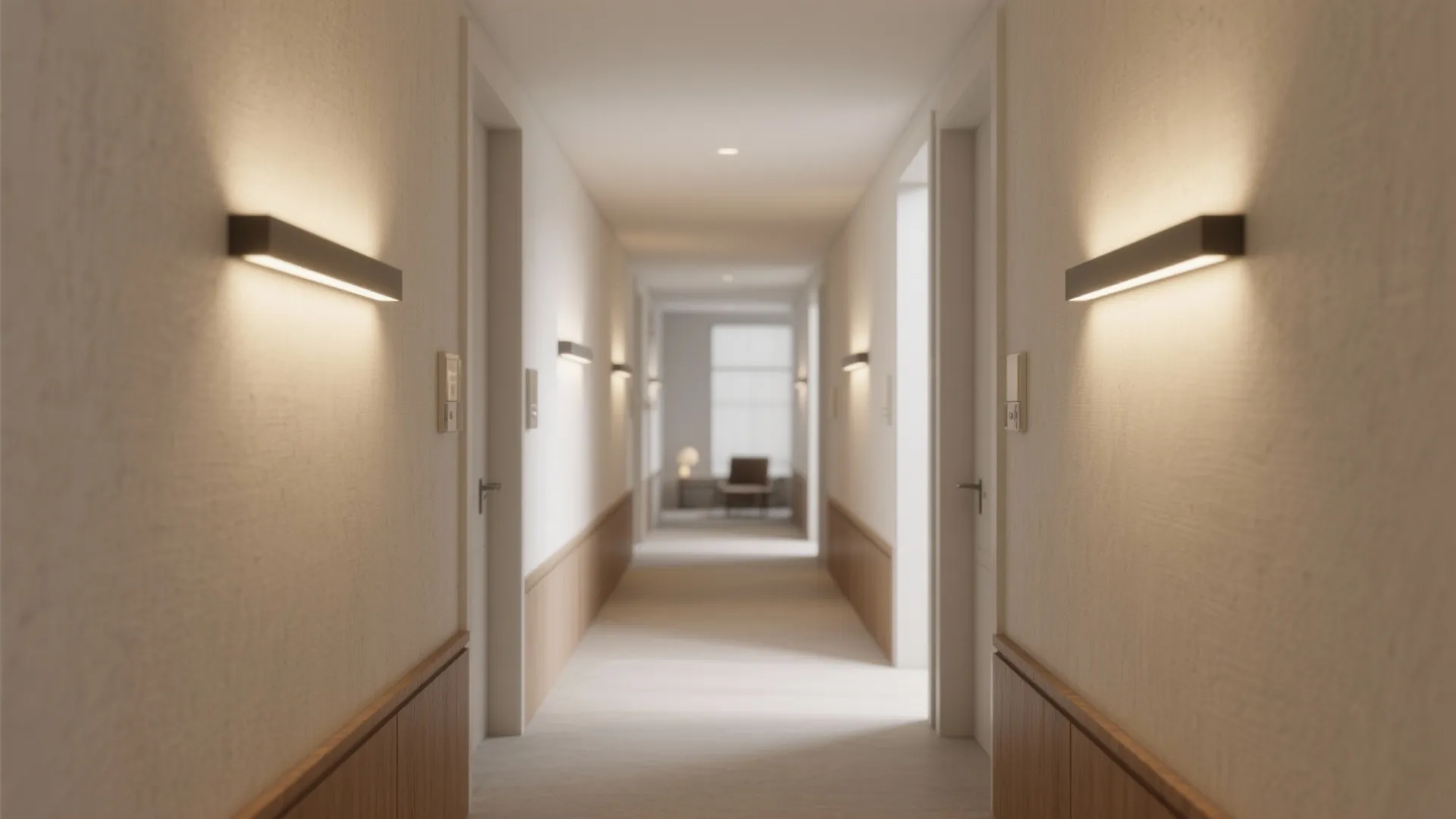 1. Linear LED wall sconces for clean, modern corridors