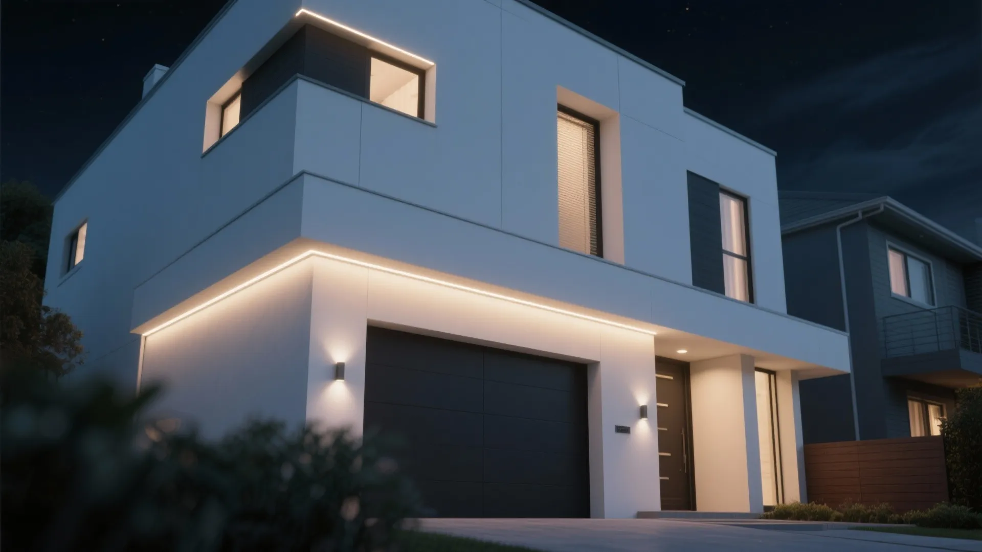 Modern white house at night with linear exterior light strips along the roof and garage