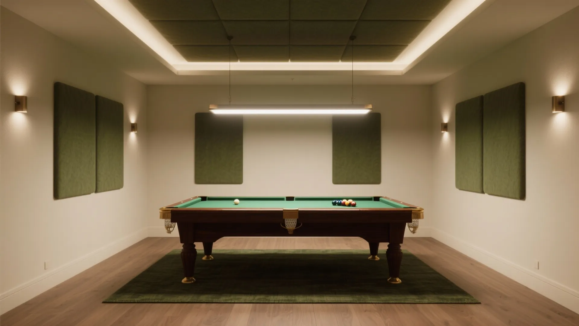 Small pool room with a centered linear LED, dimmer, perimeter glow, mid-tone rug, and fabric acoustic panels.