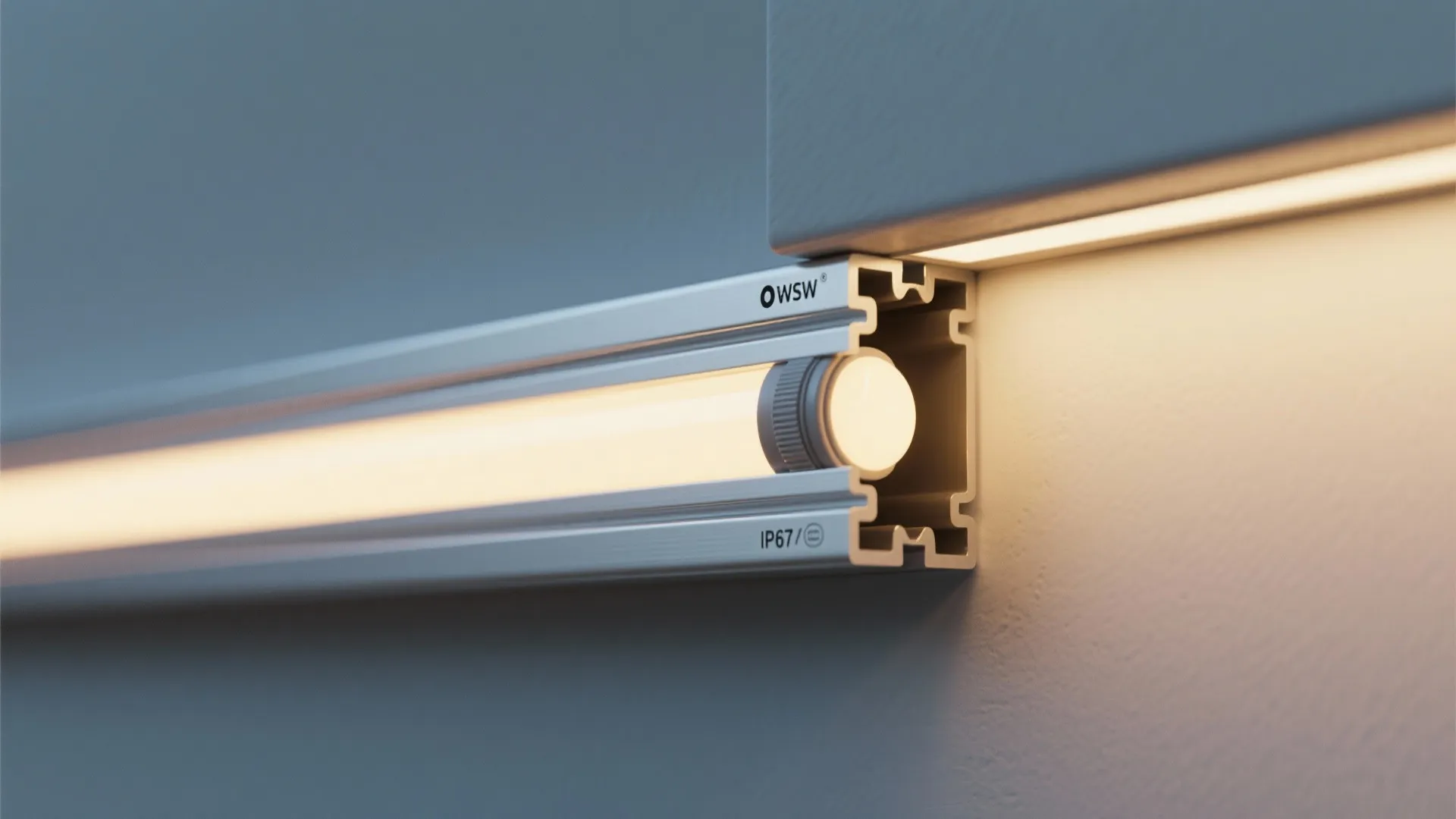 Close up view of a waterproof light strip fixture mounted on a clean white wall