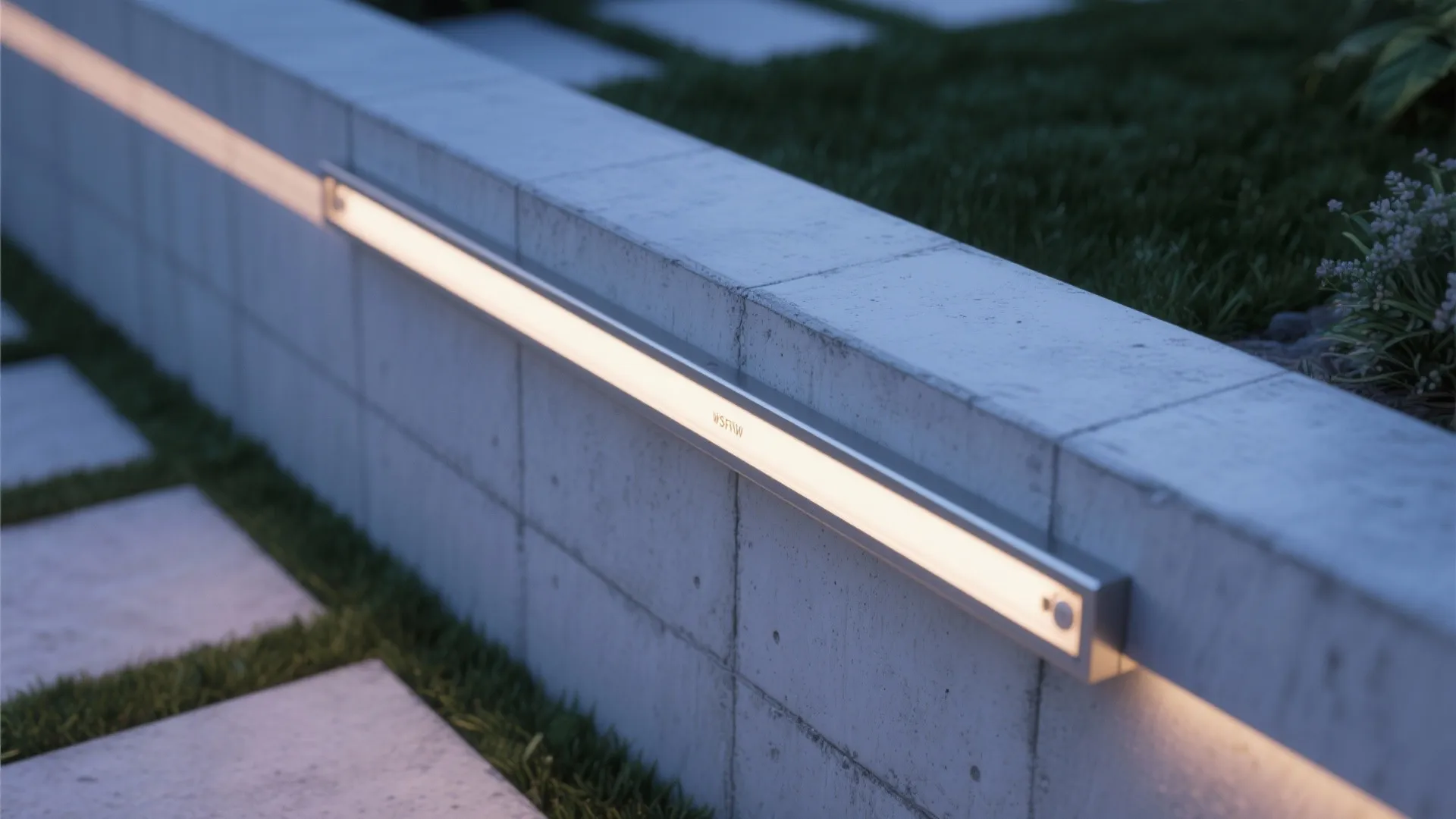 Linear LED strip hidden under the retaining wall cap producing a continuous glow with a sealed diffuser.