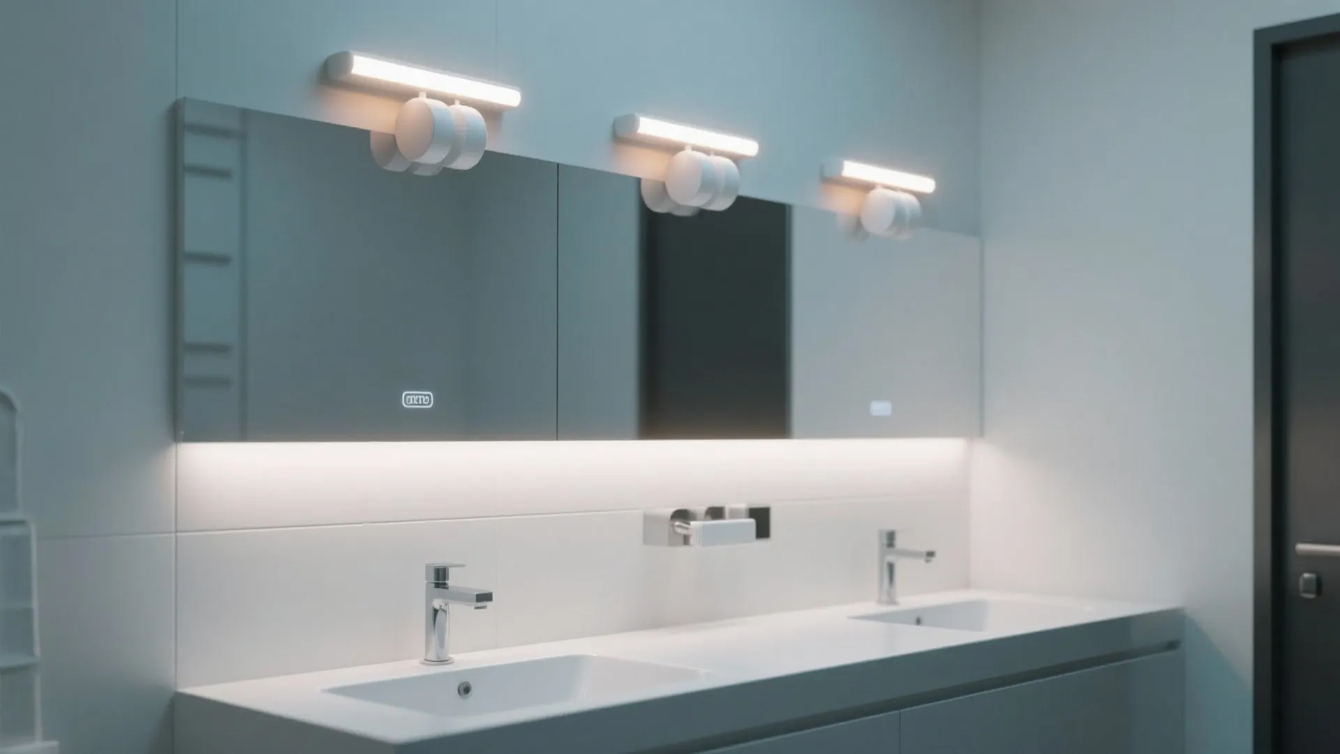 Minimalist white bathroom with double sinks large mirror and three modern linear wall light fixtures