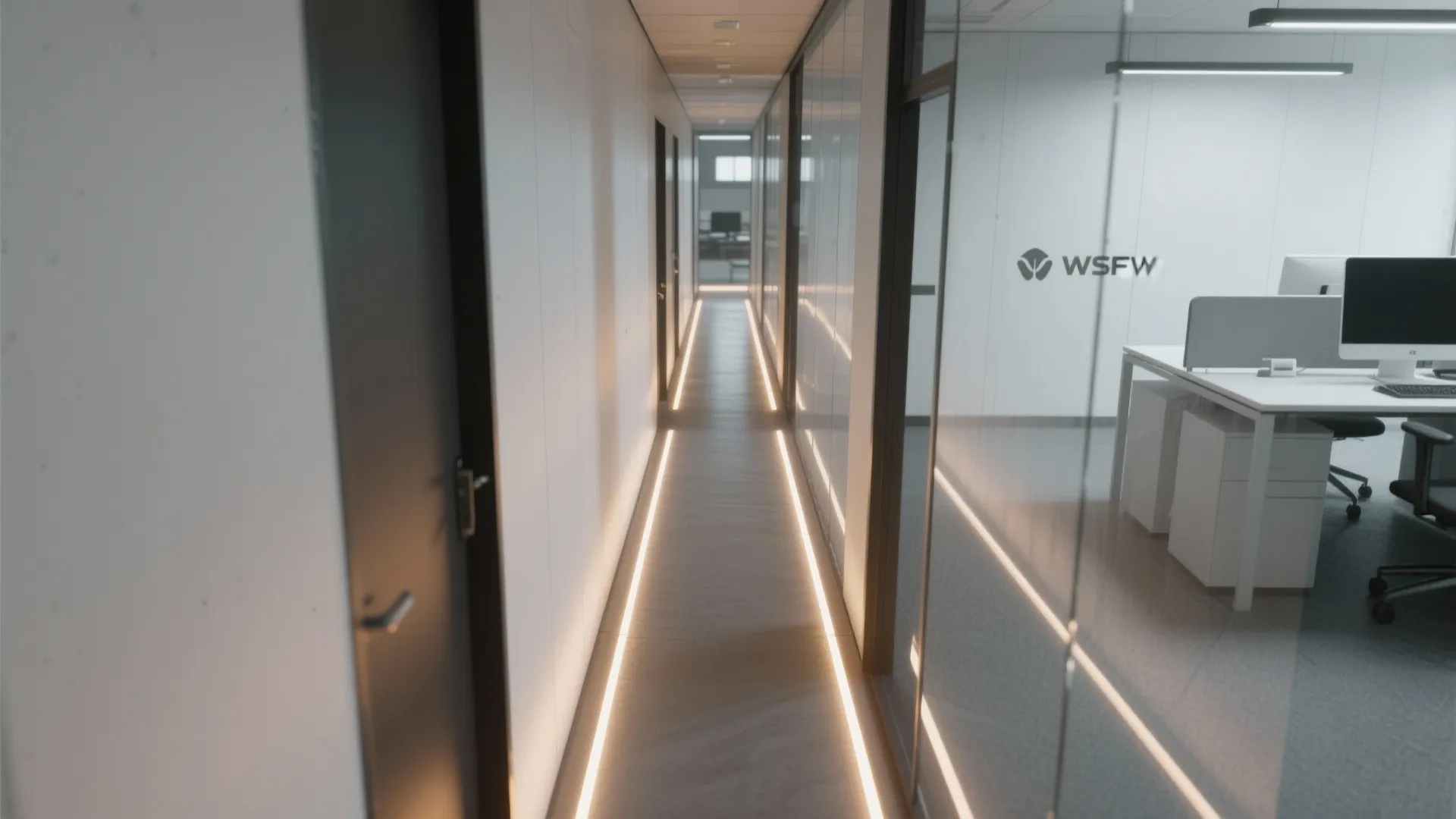 Top-down view of an office corridor with continuous linear LED strips aligned with circulation paths and diffused lighting.