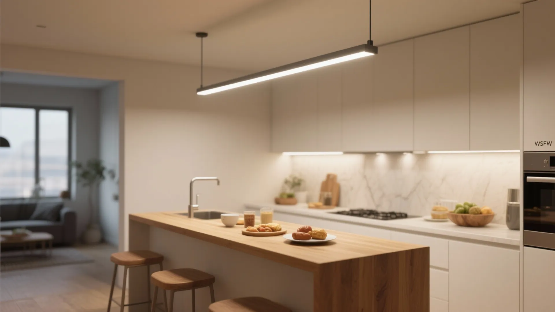 Modern kitchen island with wooden top stools and a long black ceiling light fixture above
