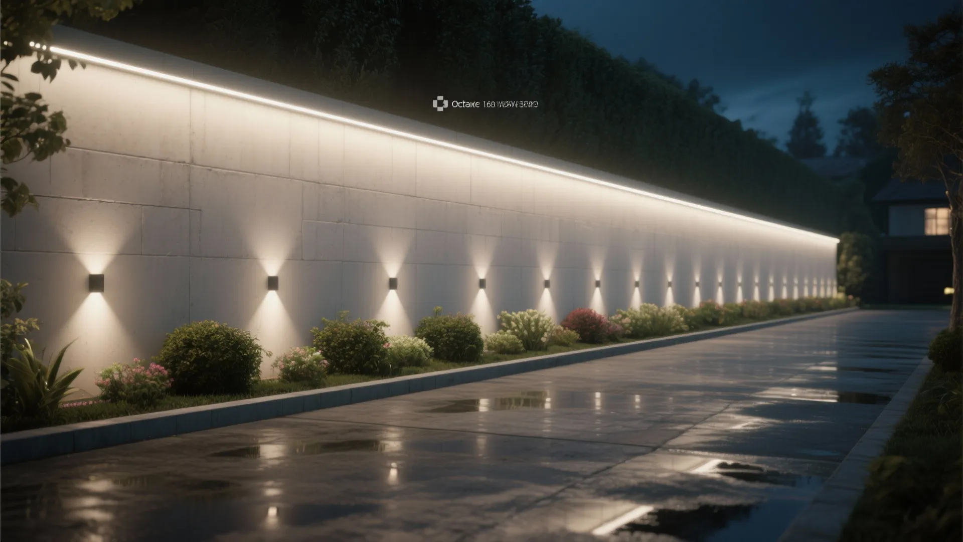 Long white garden wall panel with linear lighting and wall lights above small green bushes