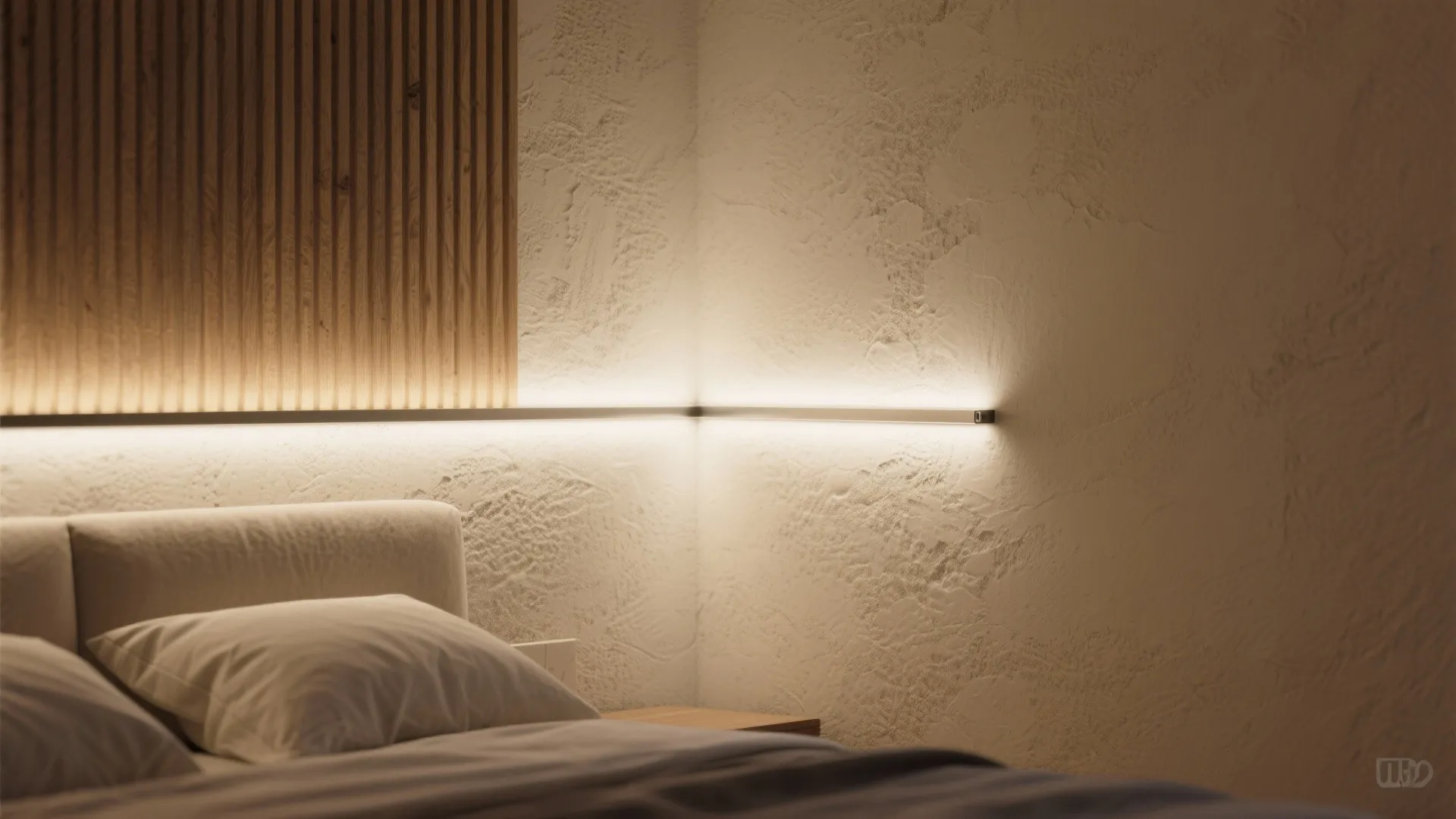 Linear LED wall washing a textured bedroom wall with smooth, even illumination and warm glow.