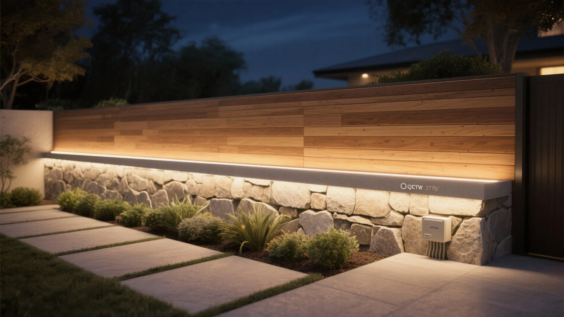 Modern outdoor wooden fence with warm white light strip above stone wall and garden path