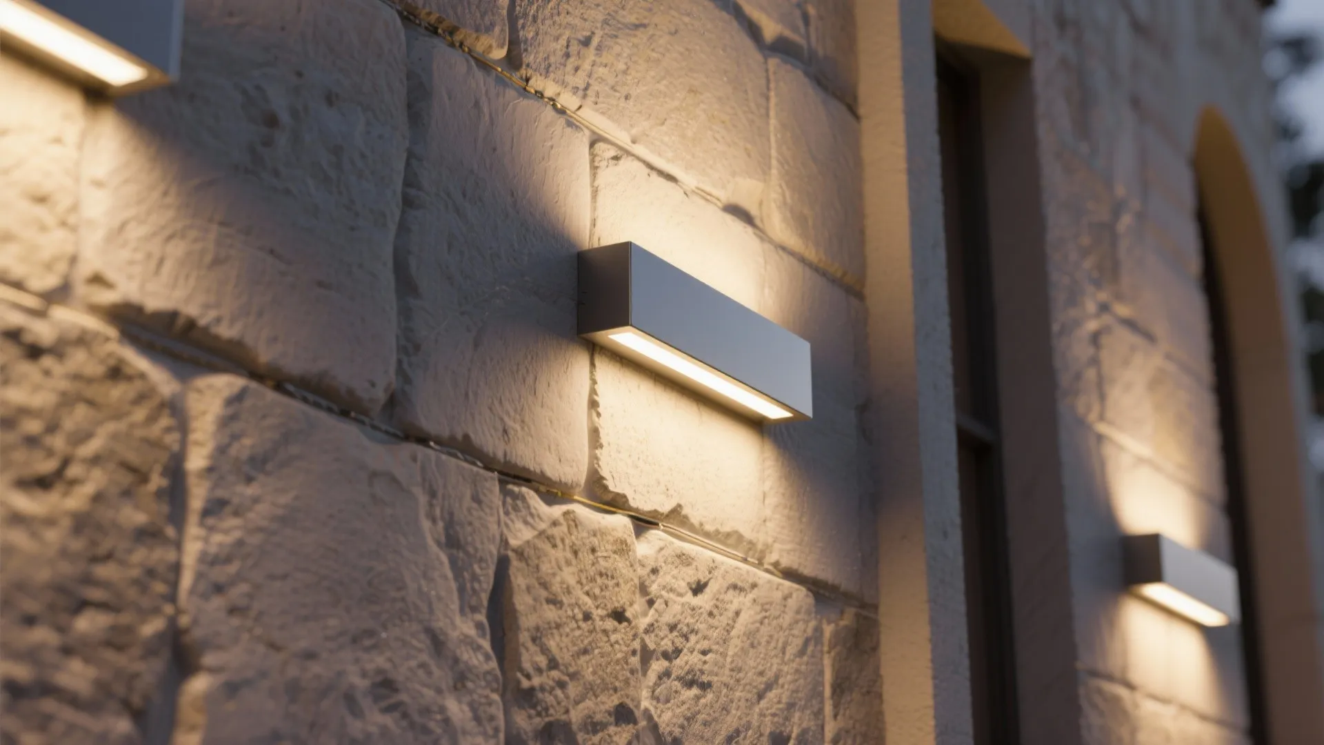 Close up of rectangular wall light fixtures mounted on textured white stone wall outside house