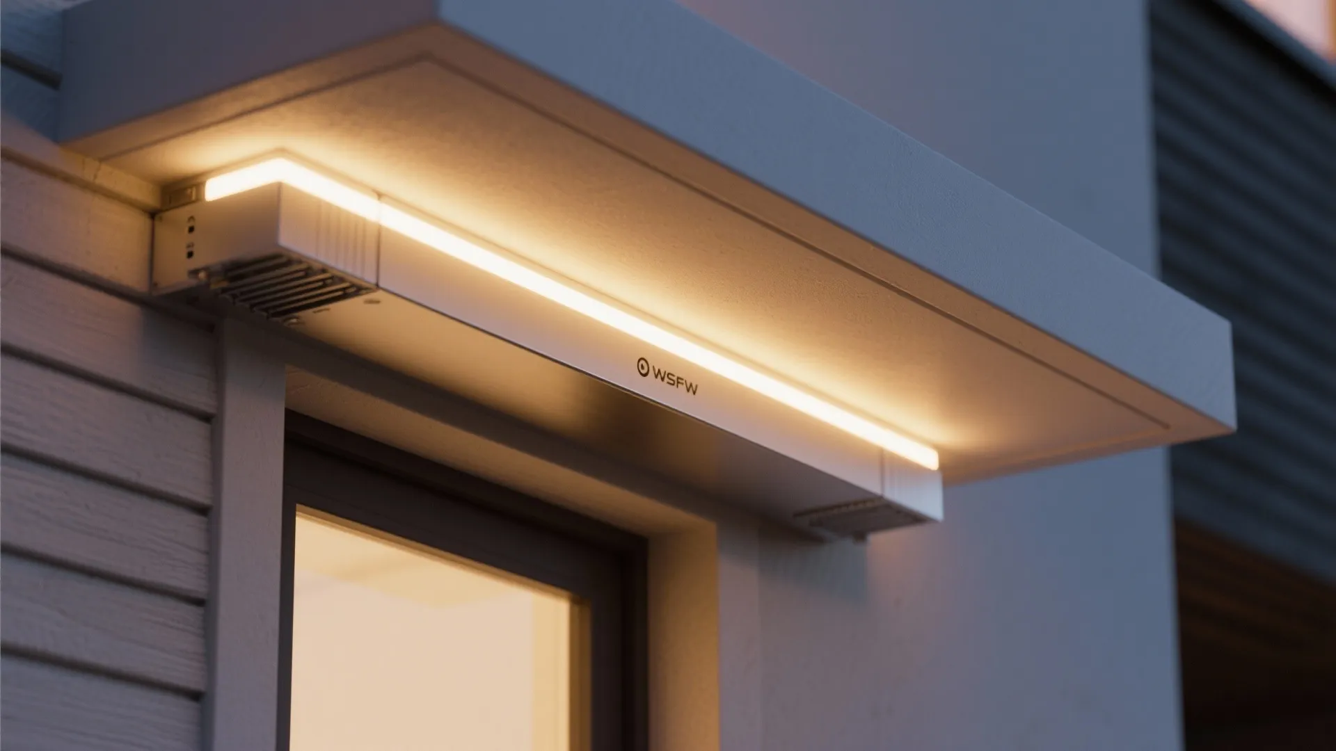 Modern outdoor wall light installed under a roof overhang above a glass window at night