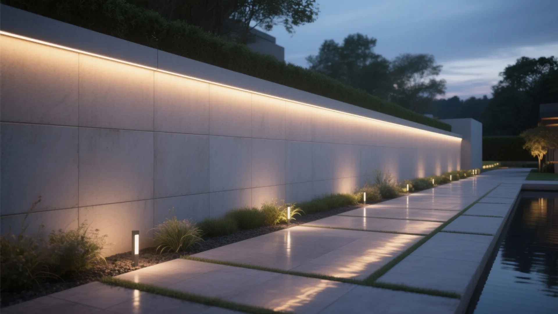 Modern outdoor garden path with long warm wall light strip and small floor light fixtures tonight