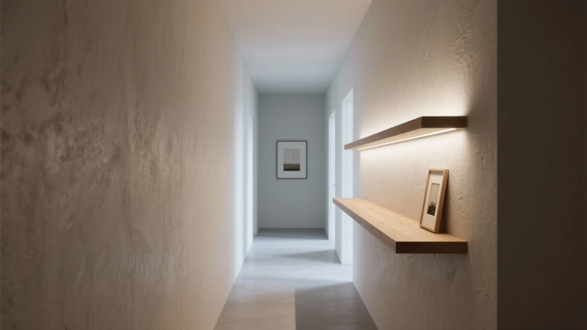 Narrow hallway featuring wooden floating shelves with built-in wall light strips and framed wall art