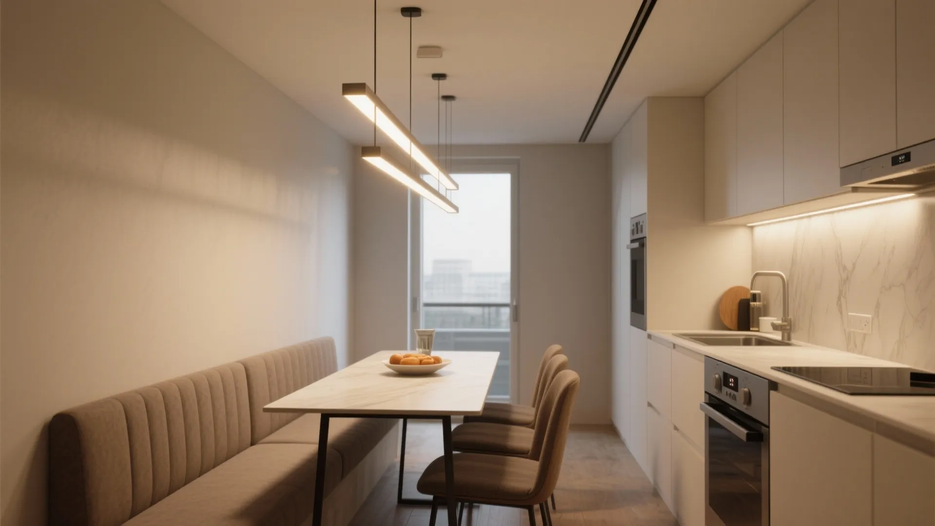 Minimalist kitchen and dining area with long table soft bench seating and linear light fixtures