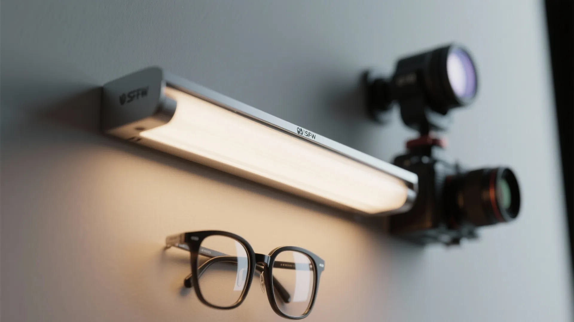 Macro view of a diffused low-glare linear light near the camera, casting warm, even illumination.