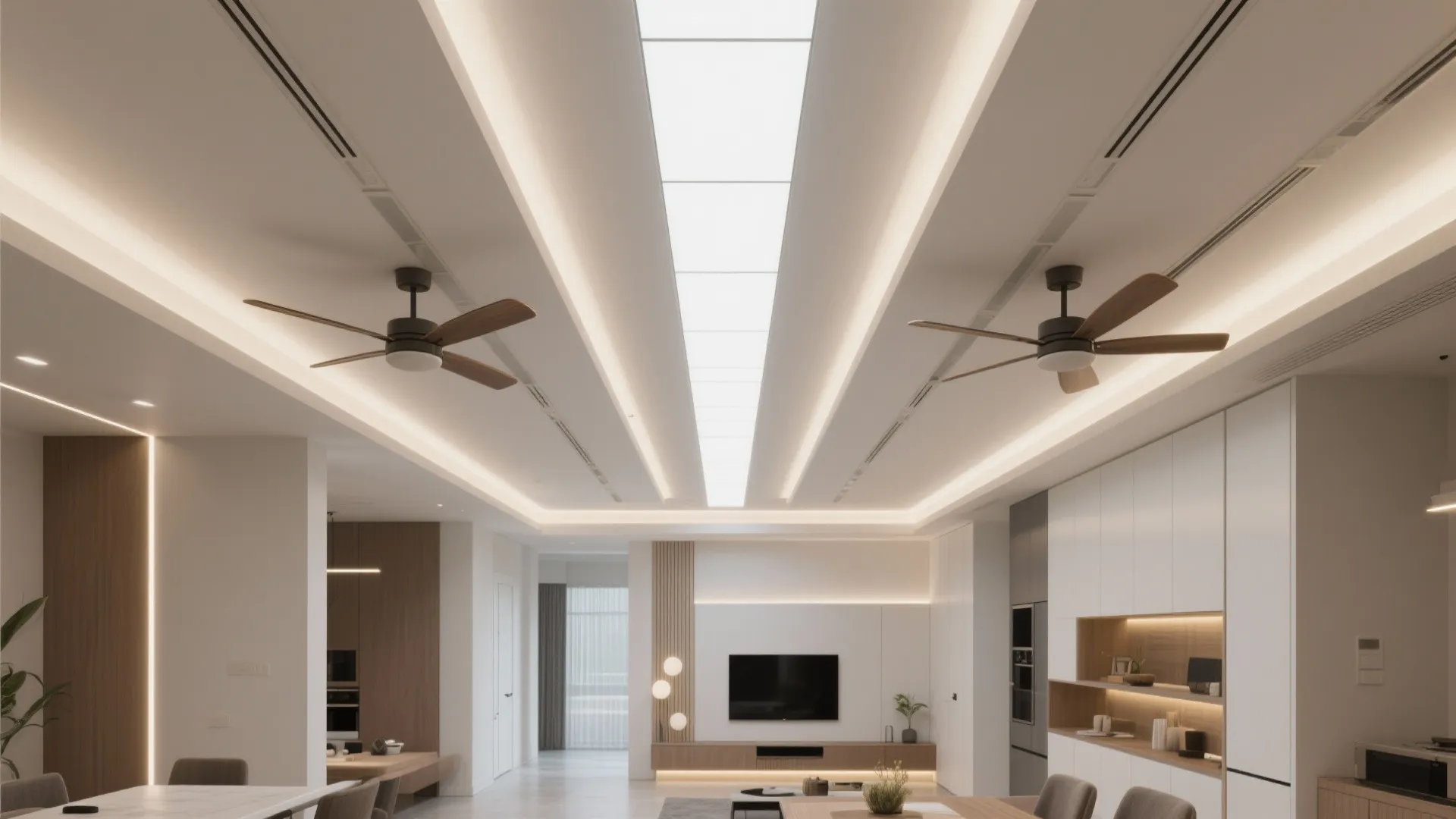 Modern hall with a linear POP light spine and two aligned ceiling fans on one axis.