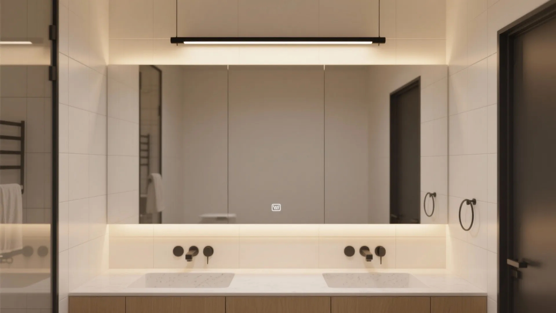2. Black linear lights above the mirror for sleek symmetry