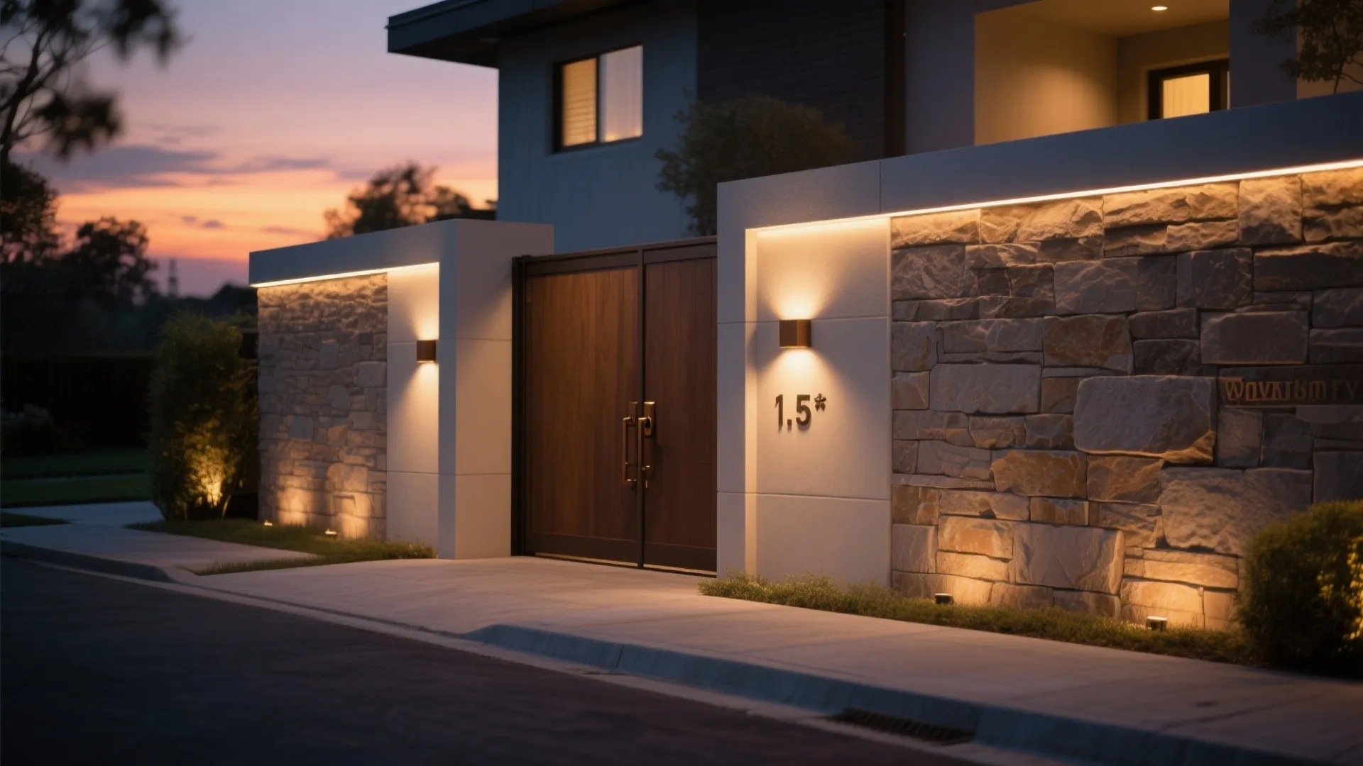 Modern house entrance with stone wall panel and linear warm light fixtures at sunset time