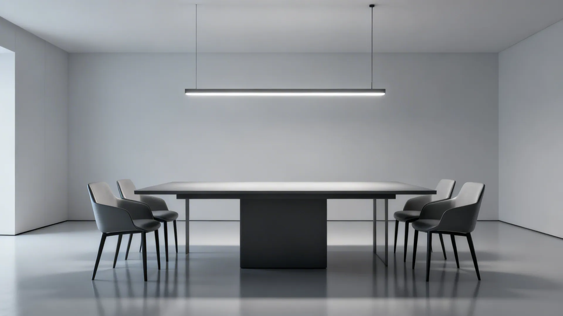 Rectangular dining table evenly lit by a slim linear LED pendant