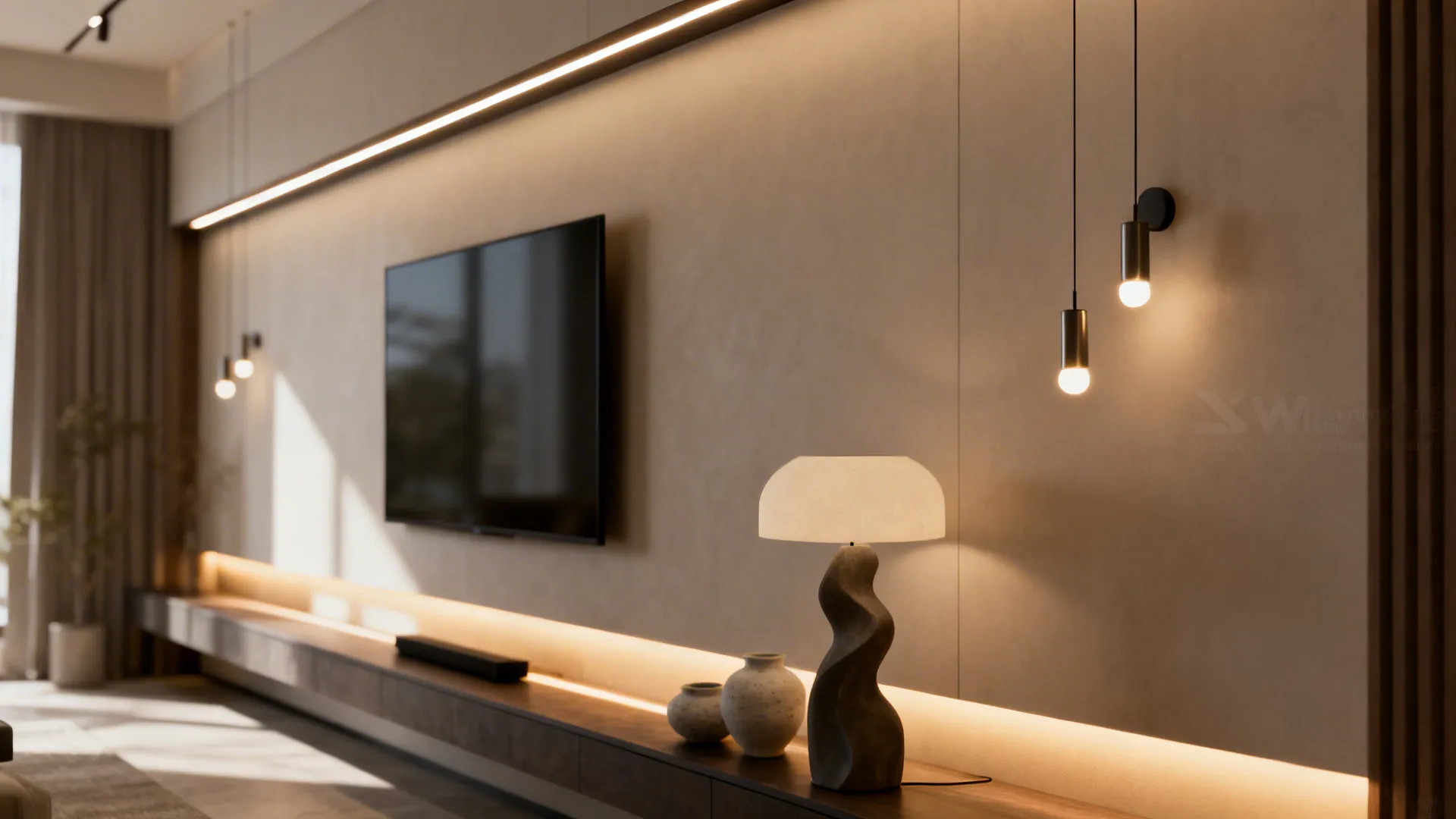 Linear LED channel lighting and sculptural decor emphasizing the length of a living room wall.