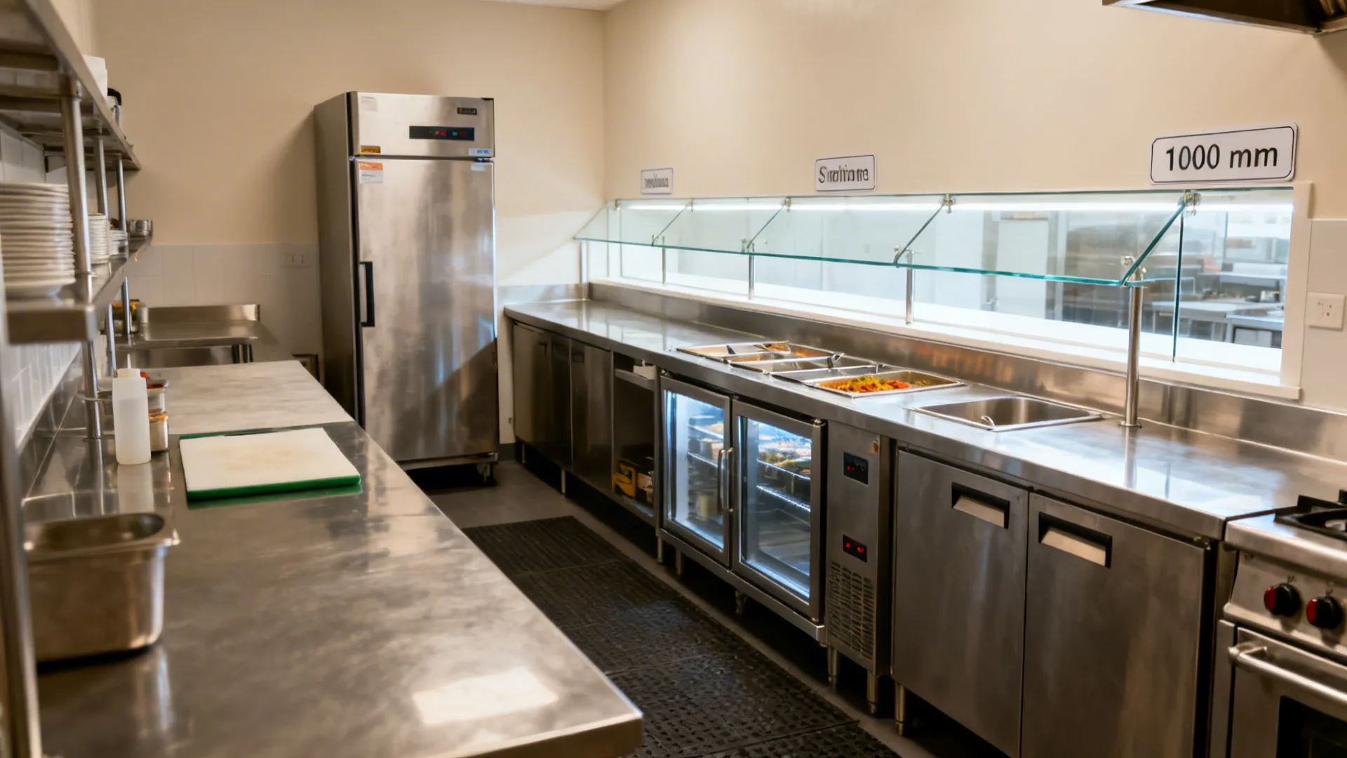 Straight-line compact kitchen showing receive, prep, cook, and pass with clear lanes and undercounter fridges.