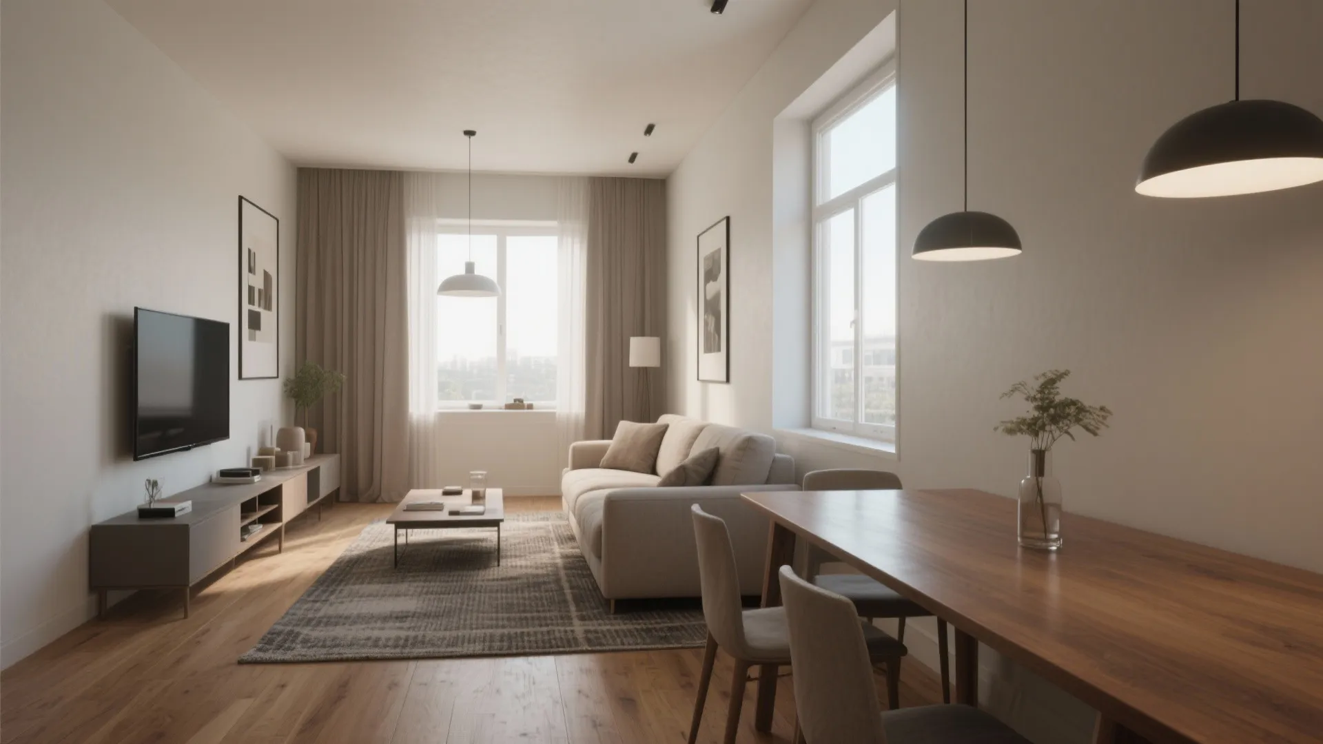 1. Linear living + dining along the long wall