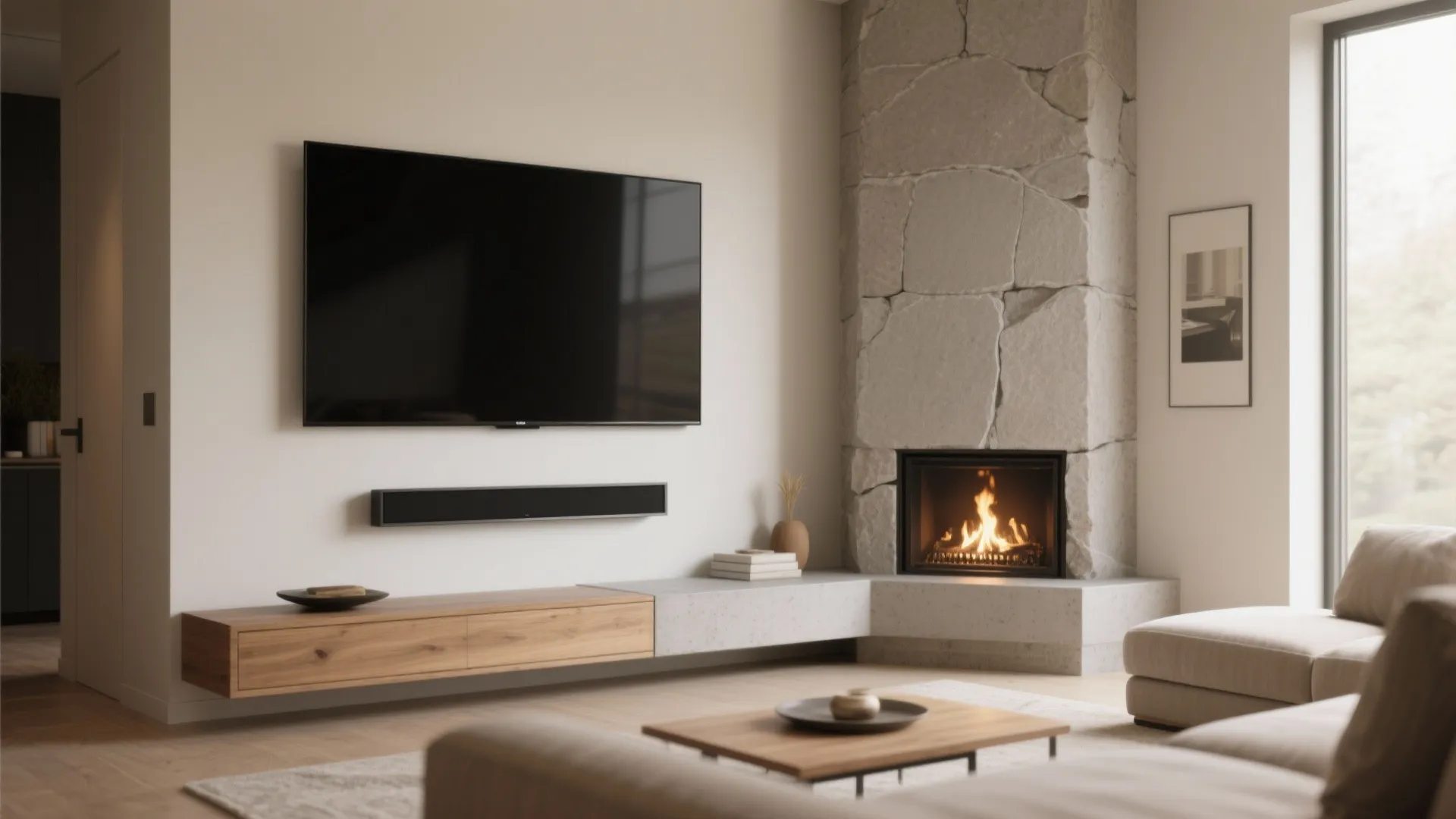 3. Go linear: low fireplace with the TV nearby