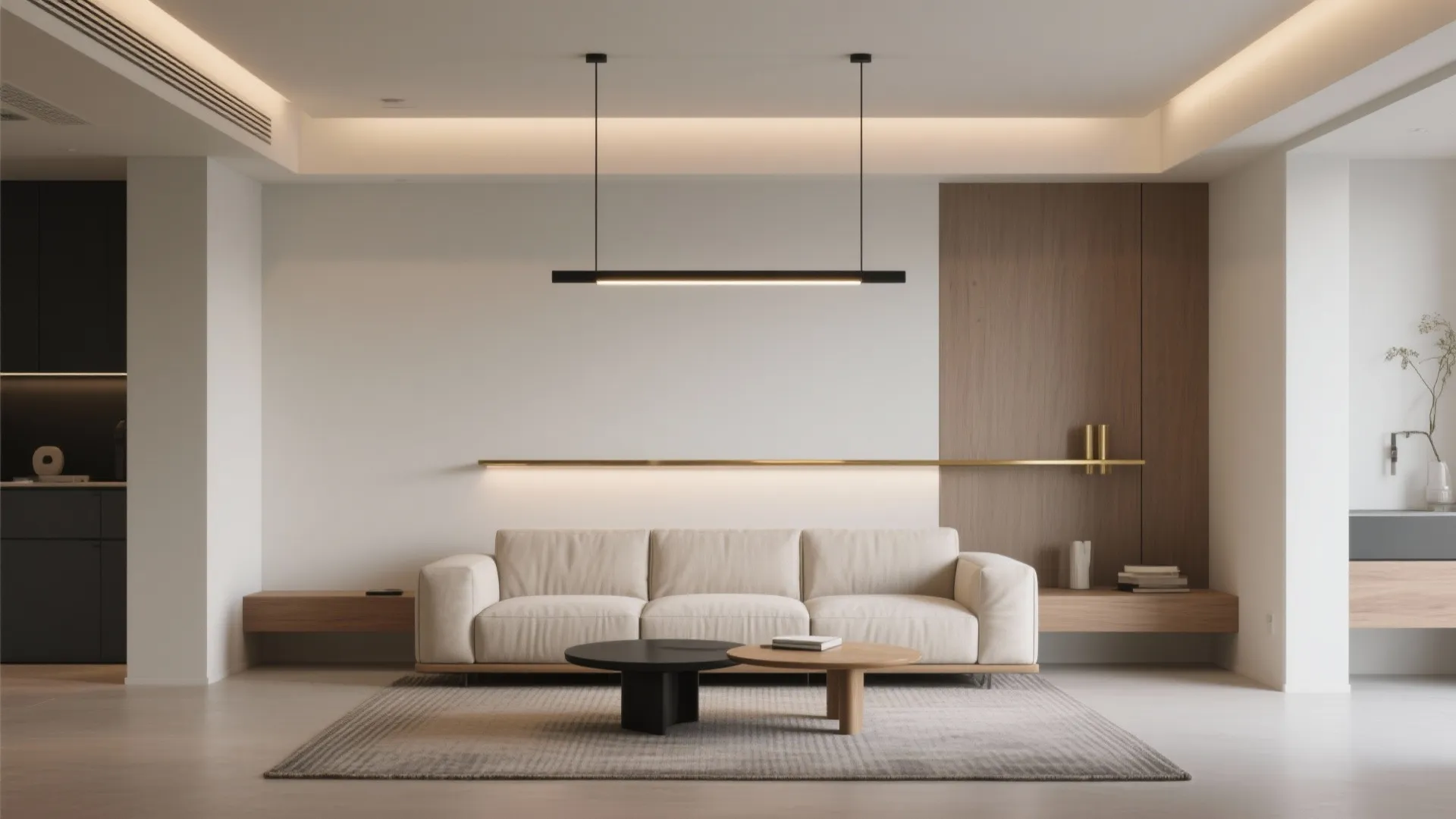 Minimalist living room featuring cream sofa black linear ceiling light wood wall panel and rug
