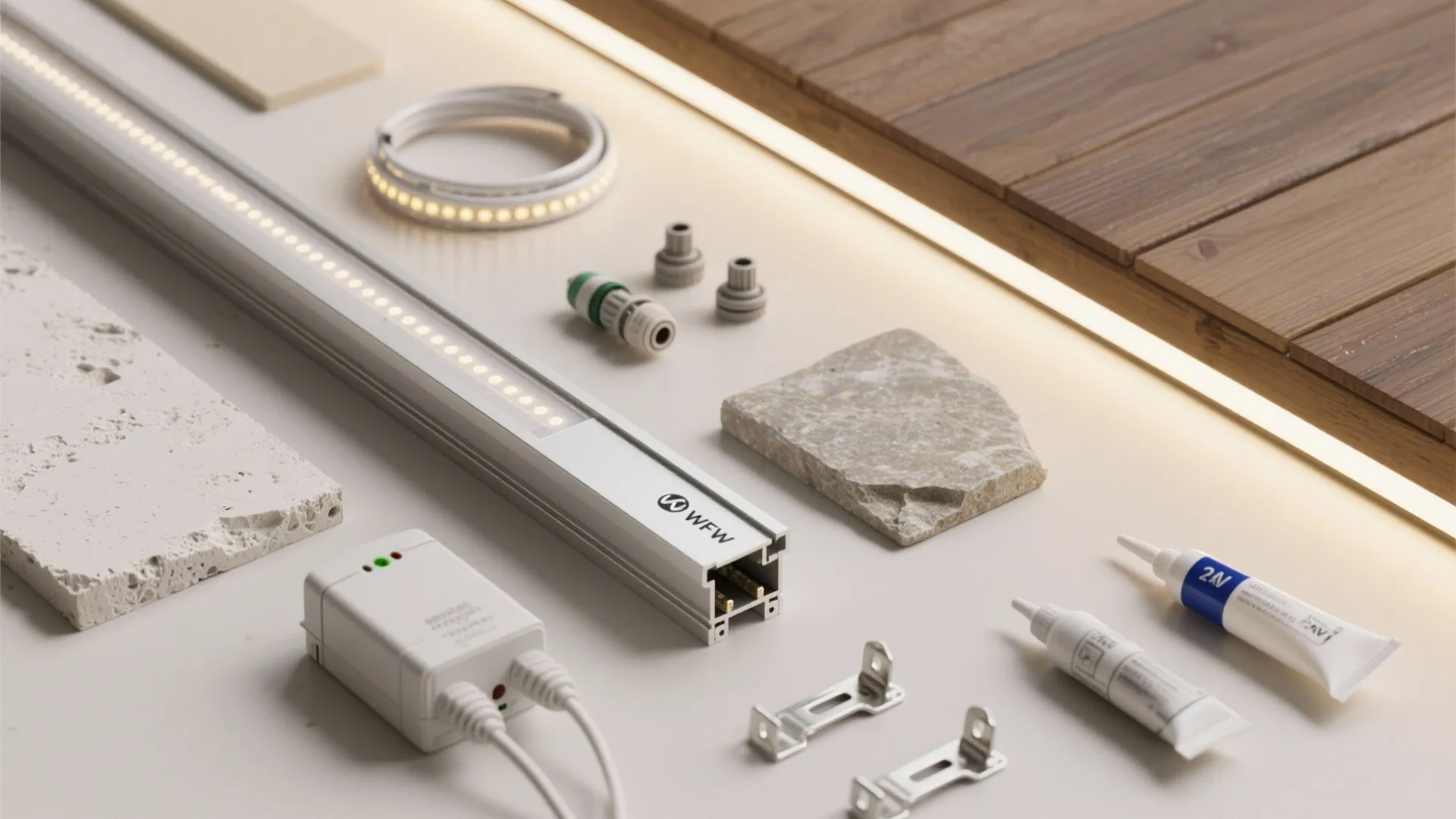 Display of linear light strips and installation parts including power supply plus stone and wood