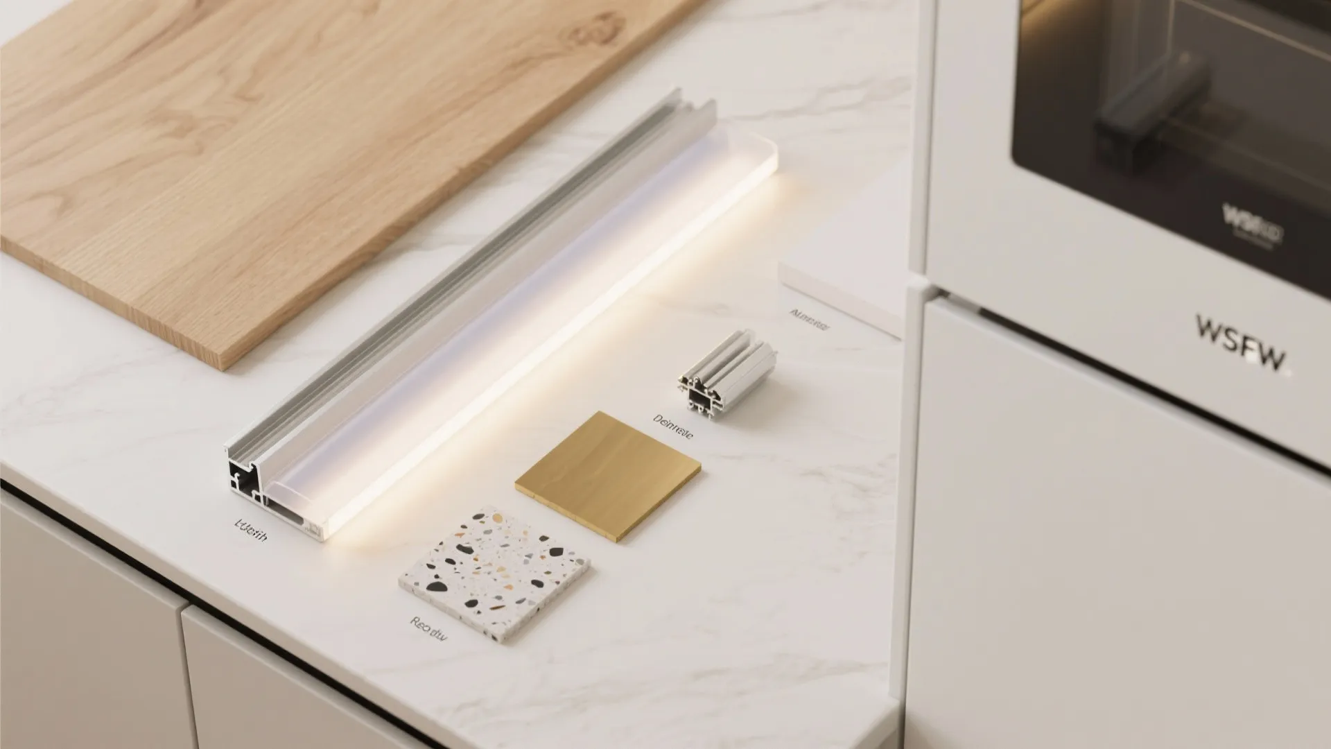 Modern kitchen materials including wood board light fixture samples stone tiles and white marble countertop finish