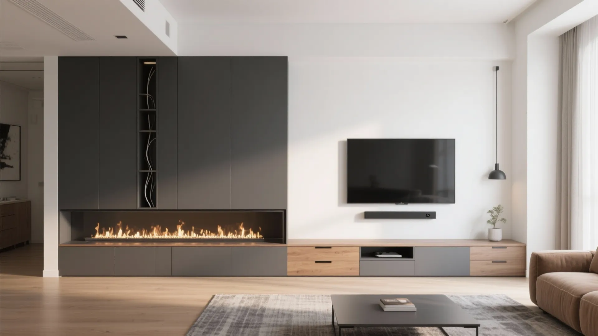 Modern living room featuring a long electric fireplace large dark cabinet wall television and wooden floor